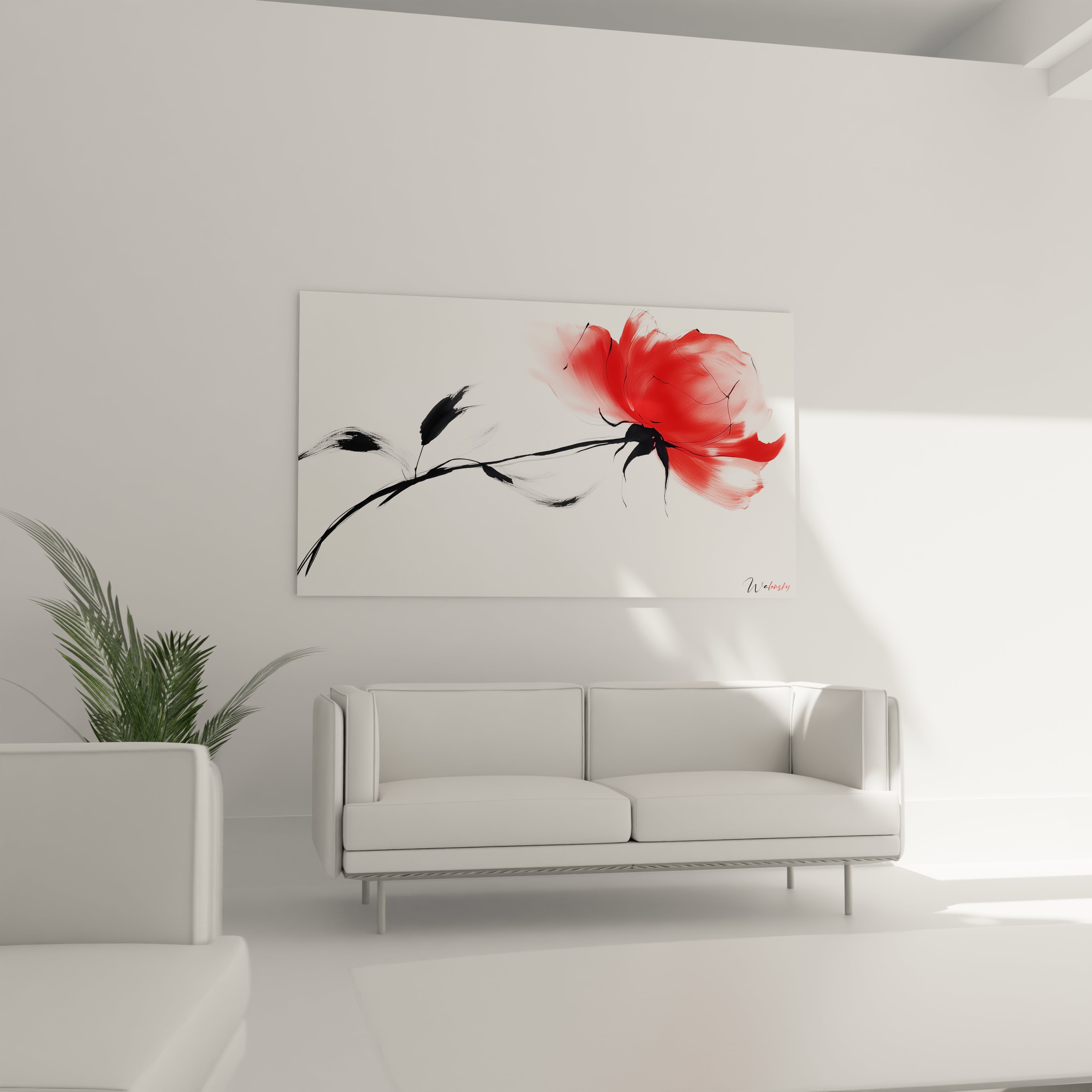 Un tableau rose nature représentant une fleur abstraite en rouge et noir, avec des tracés en mouvement et des effets de transparence, contrastant avec un fond blanc immaculé.

