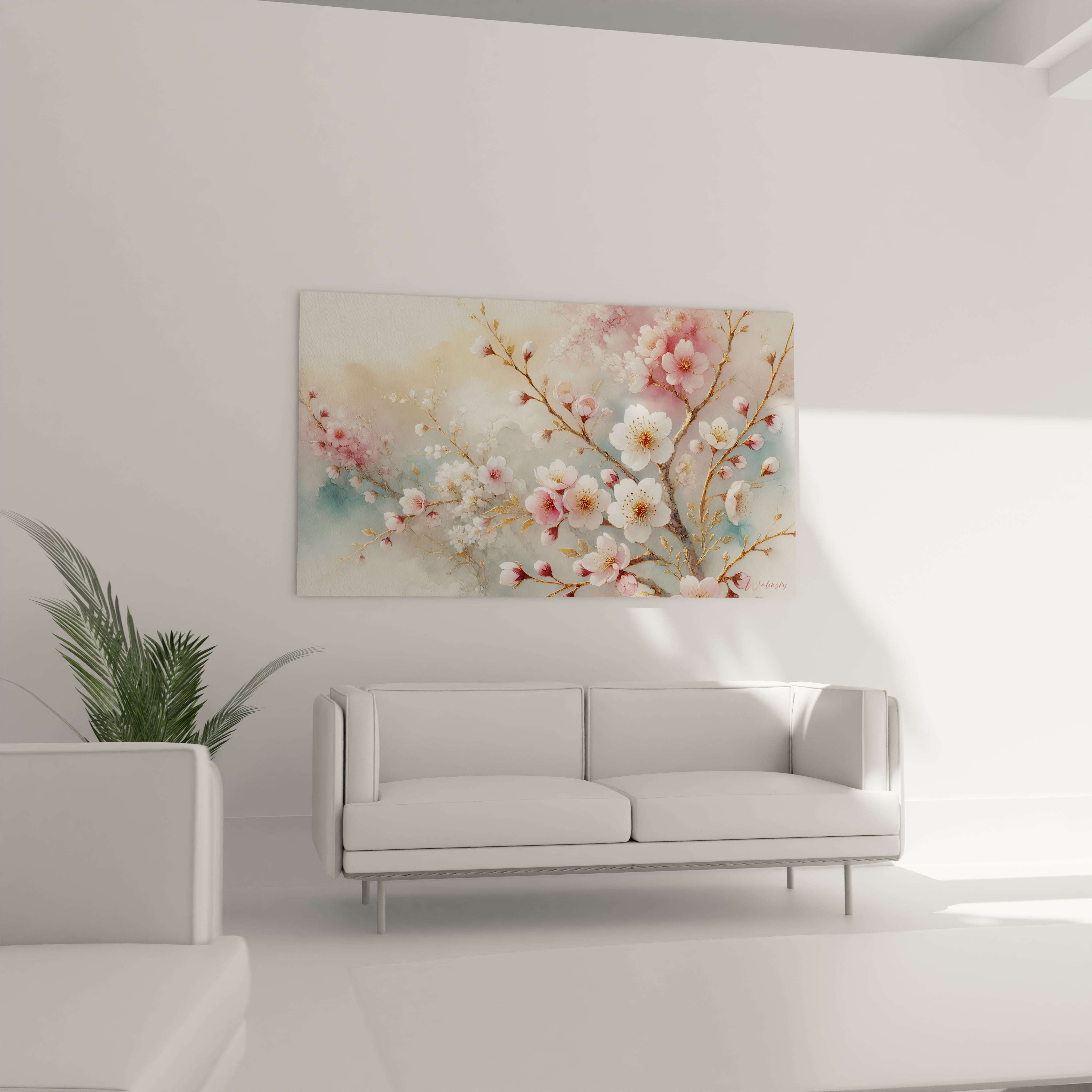 Ce tableau sakura illumine le salon au-dessus du canapé, chaque branche delicate evoque un instant de quietude et de reve, transformant la piece en un havre de paix.

