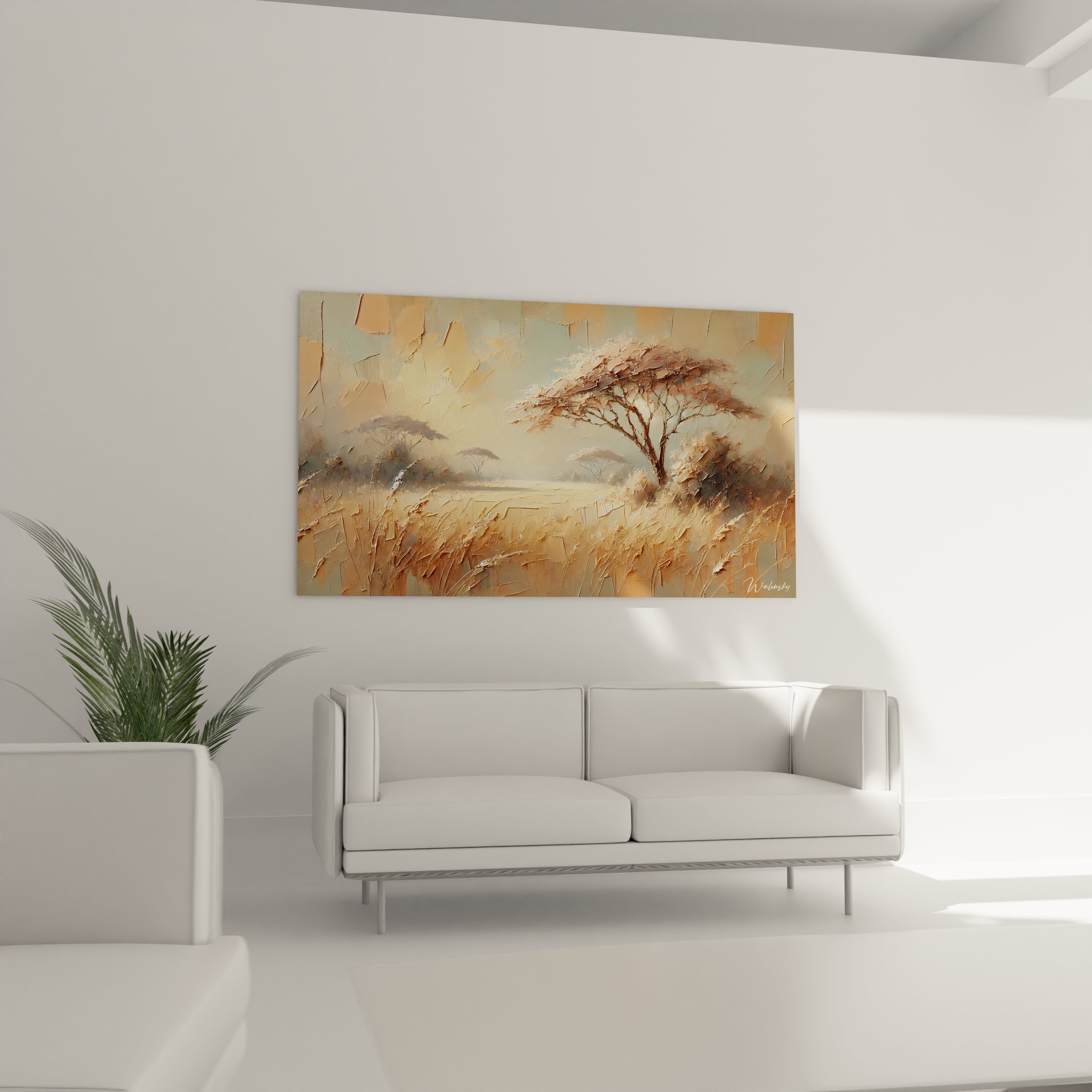 Ce tableau Savane place au-dessus d un canape dans le salon ajoute une touche de serenite et d echappee poetique avec des tons ocres et verts subtils parfait pour un interieur relaxant et naturel

