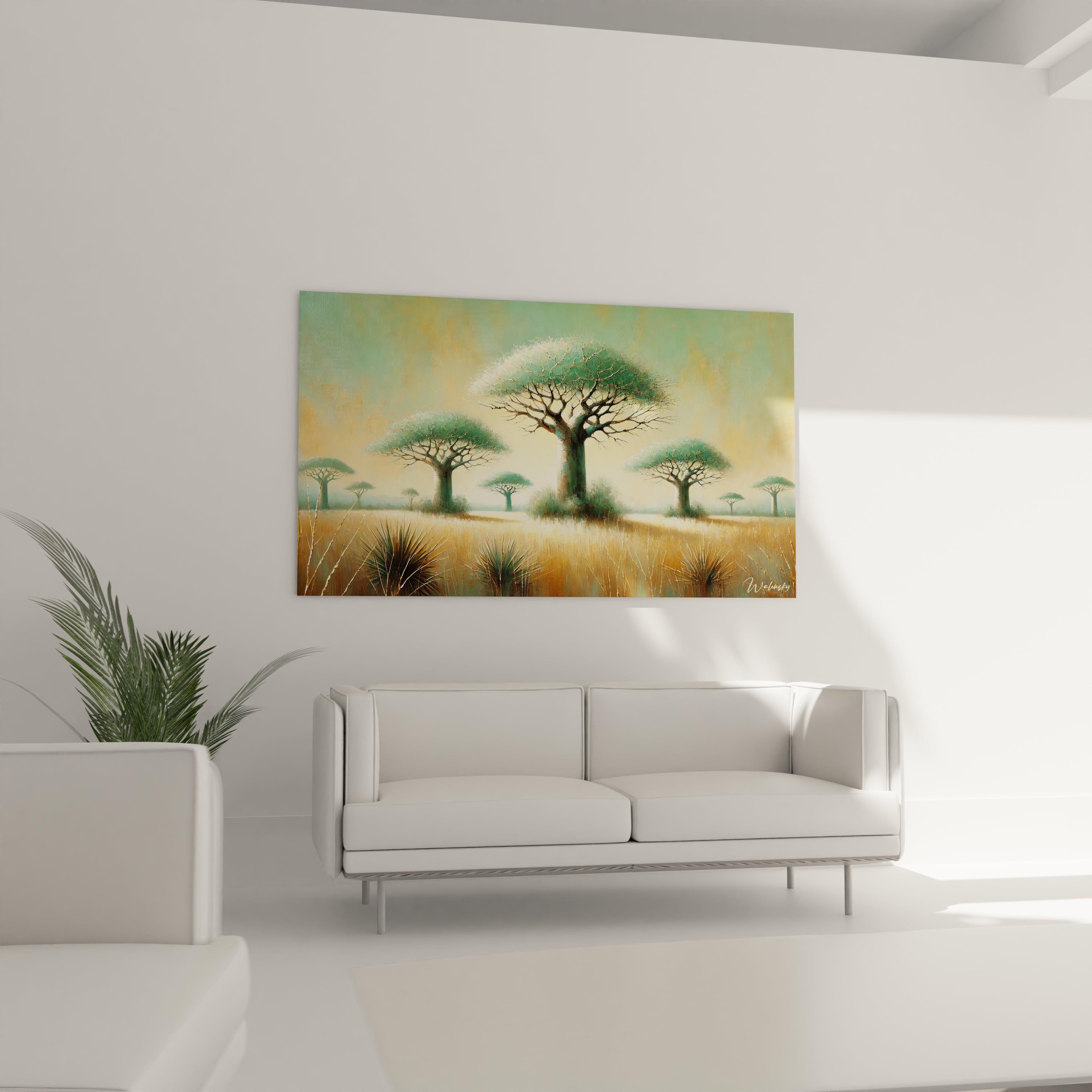 Tableau Savane dans un salon : installé au-dessus du canapé, il devient le point focal de la pièce, offrant une touche exotique et une atmosphère paisible, idéale pour la décoration intérieure.

