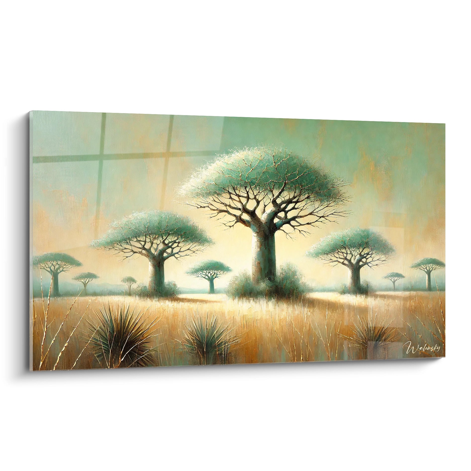 Tableau Savane avec vue de biais : découvrez la majesté des baobabs en pleine lumière, où chaque détail évoque la beauté brute et la sérénité des vastes étendues africaines.

