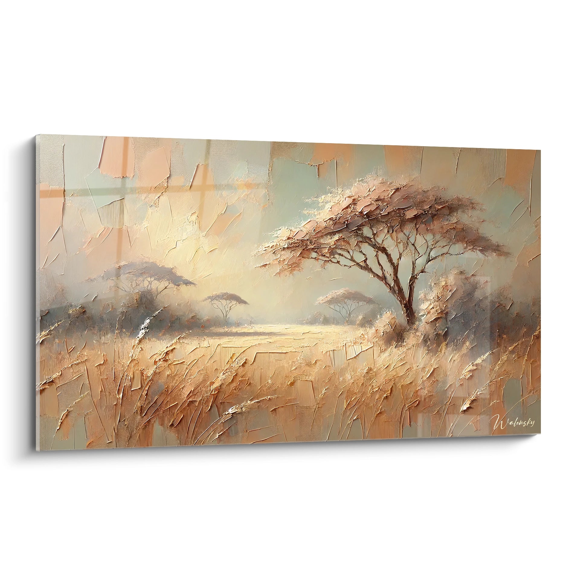 tableau Savane vue de biais avec des tons chaleureux et une texture expressive qui rappelle la serenite de la savane au lever du jour ideal pour une ambiance poetique et evasion dans votre espace interieur

