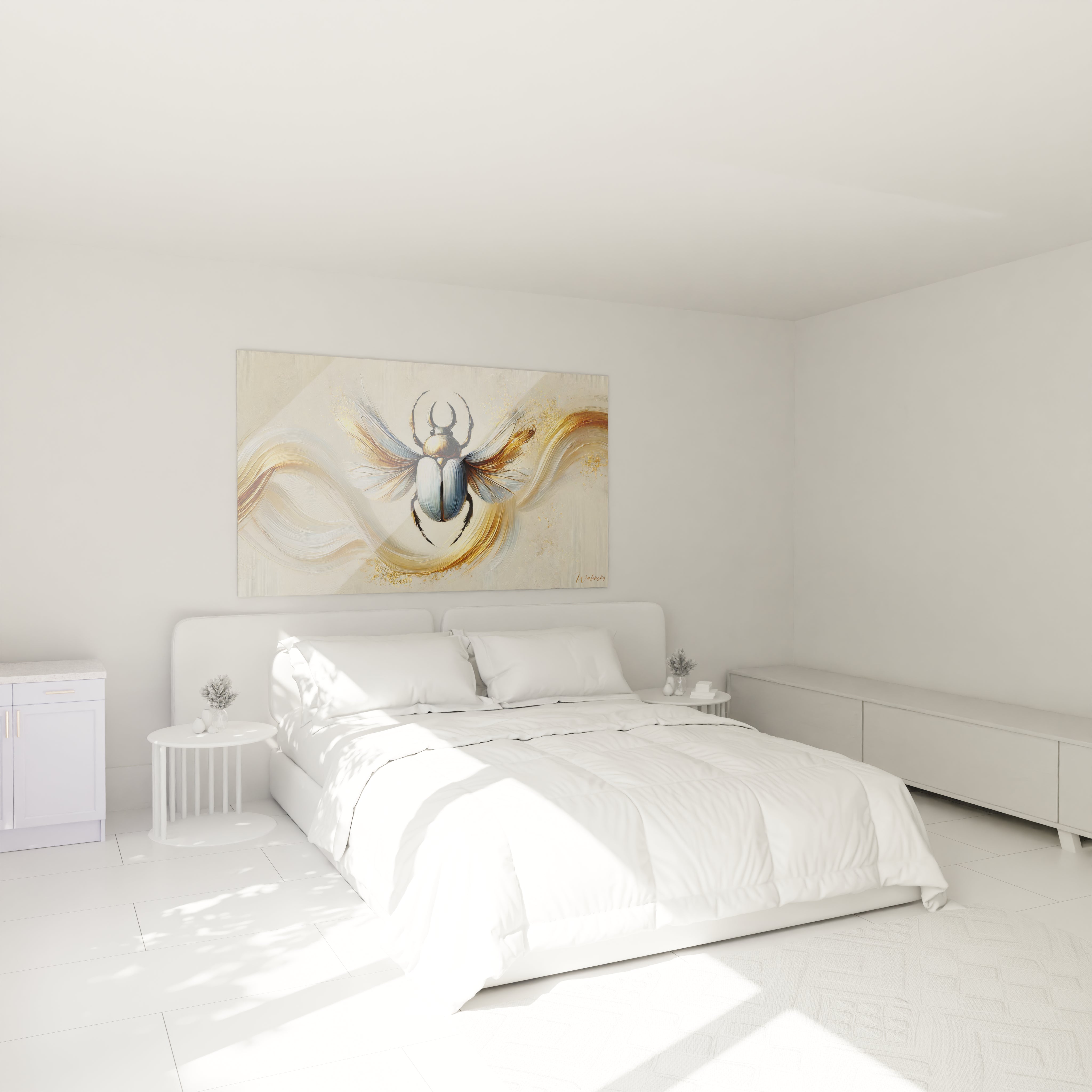 tableau scarabee accroche au mur dans une chambre apporte une touche mystique grace a son eclat dore et ses details minutieux parfait pour creer une ambiance onirique au dessus de votre lit

