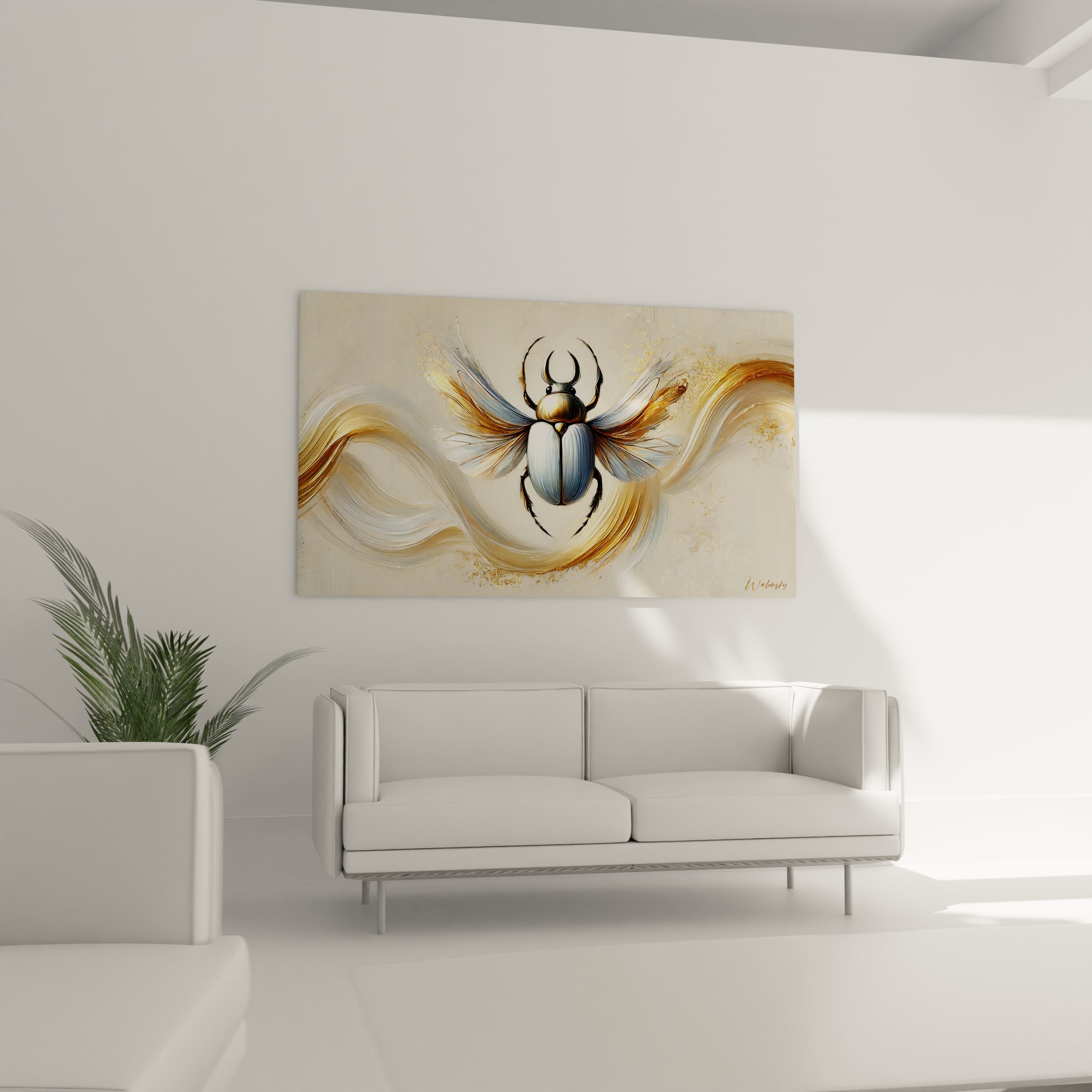 ce tableau scarabee dans un salon au dessus d un canape capture la beaute intemporelle de cet insecte sacre ideal pour sublimer votre decoration avec des touches d or et des formes sculpturales

