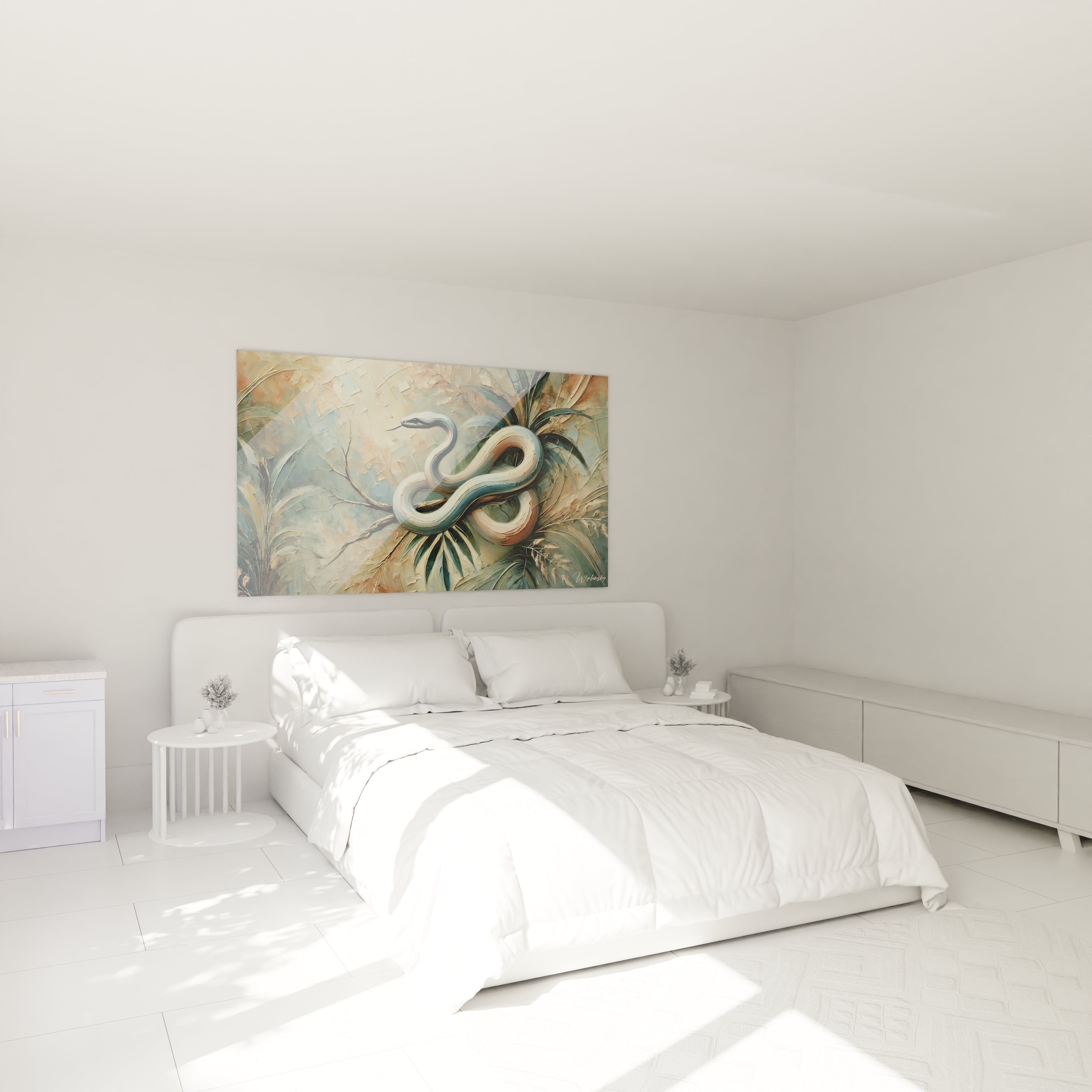 accroche au dessus du lit ce tableau serpent en nuances de bleu et beige cree une atmosphère de serenite et de sophistication ideal pour une chambre au style naturel et elegant

