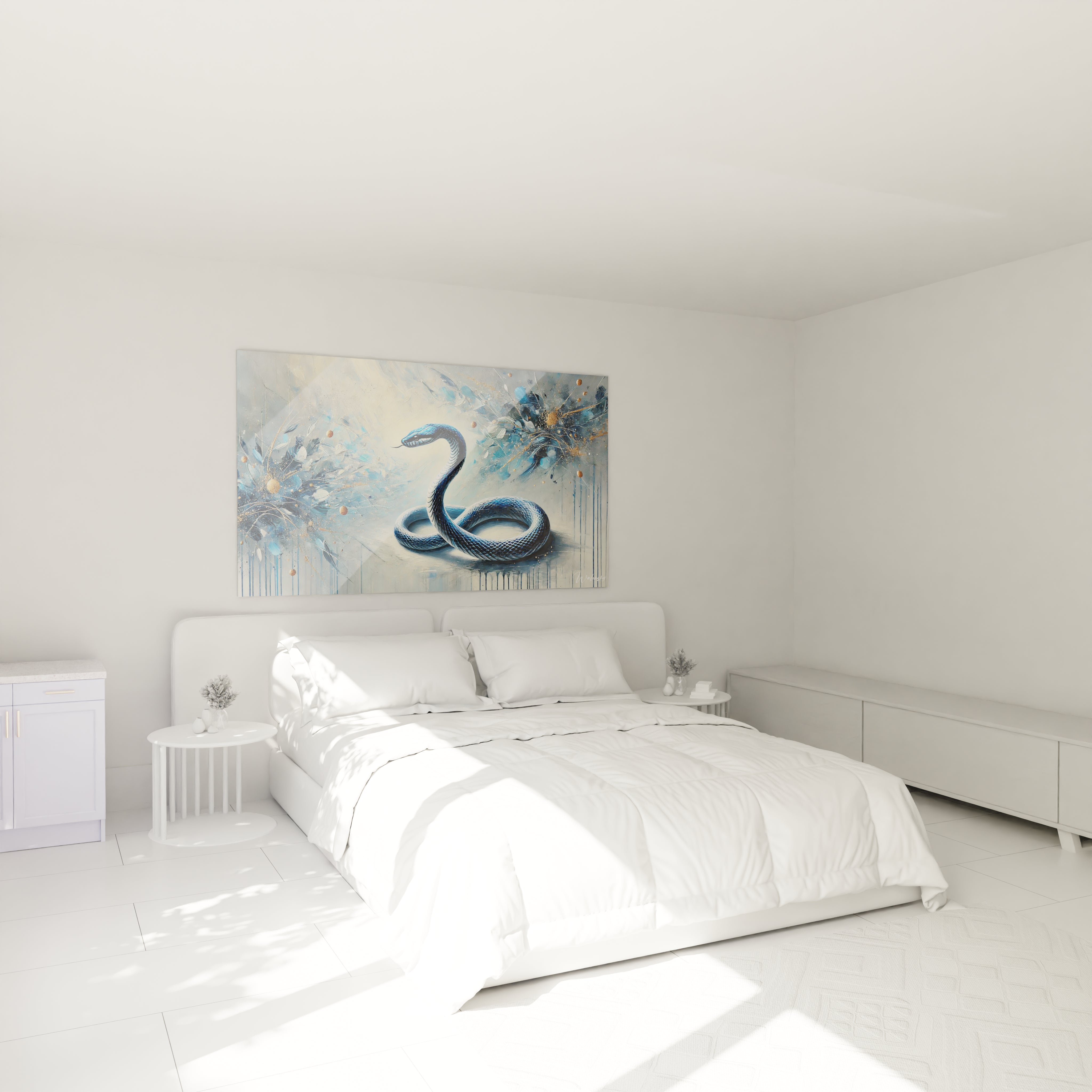 ce tableau serpent accroché au mur dans une chambre au dessus du lit apporte une atmosphère mystique et apaisante avec ses teintes de bleu et touches dorées parfait pour une déco moderne

