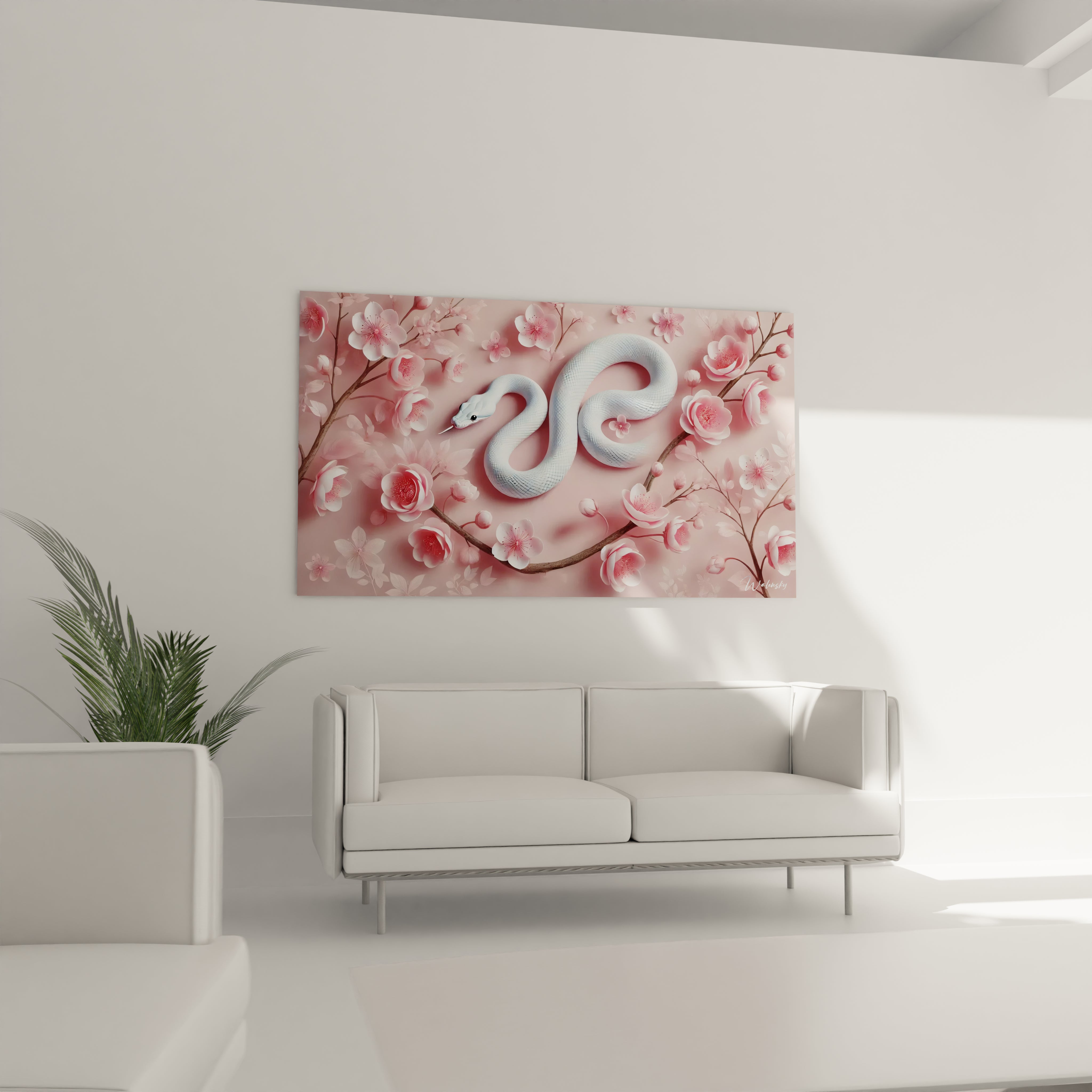 le tableau serpent accroché dans un salon au dessus du canapé insuffle une atmosphere de serenité et d'elegance. La scene florale et le serpent blanc se fondent parfaitement dans une deco moderne

