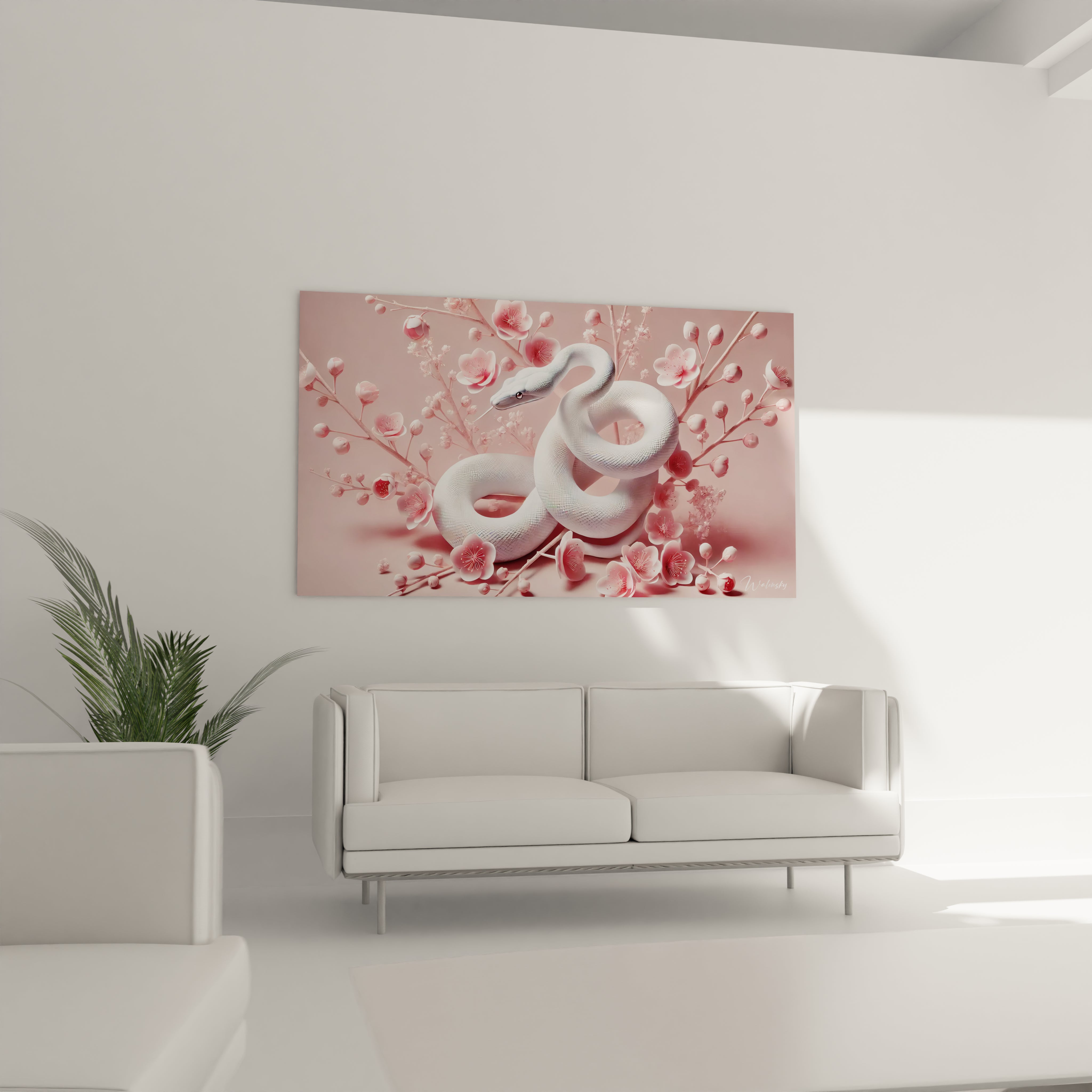 tableau serpent dans votre salon pour une decoration originale. Le serpent blanc et les fleurs roses ajoutent une touche de douceur et d'elegance a votre interieur, parfait pour un espace apaisant.

