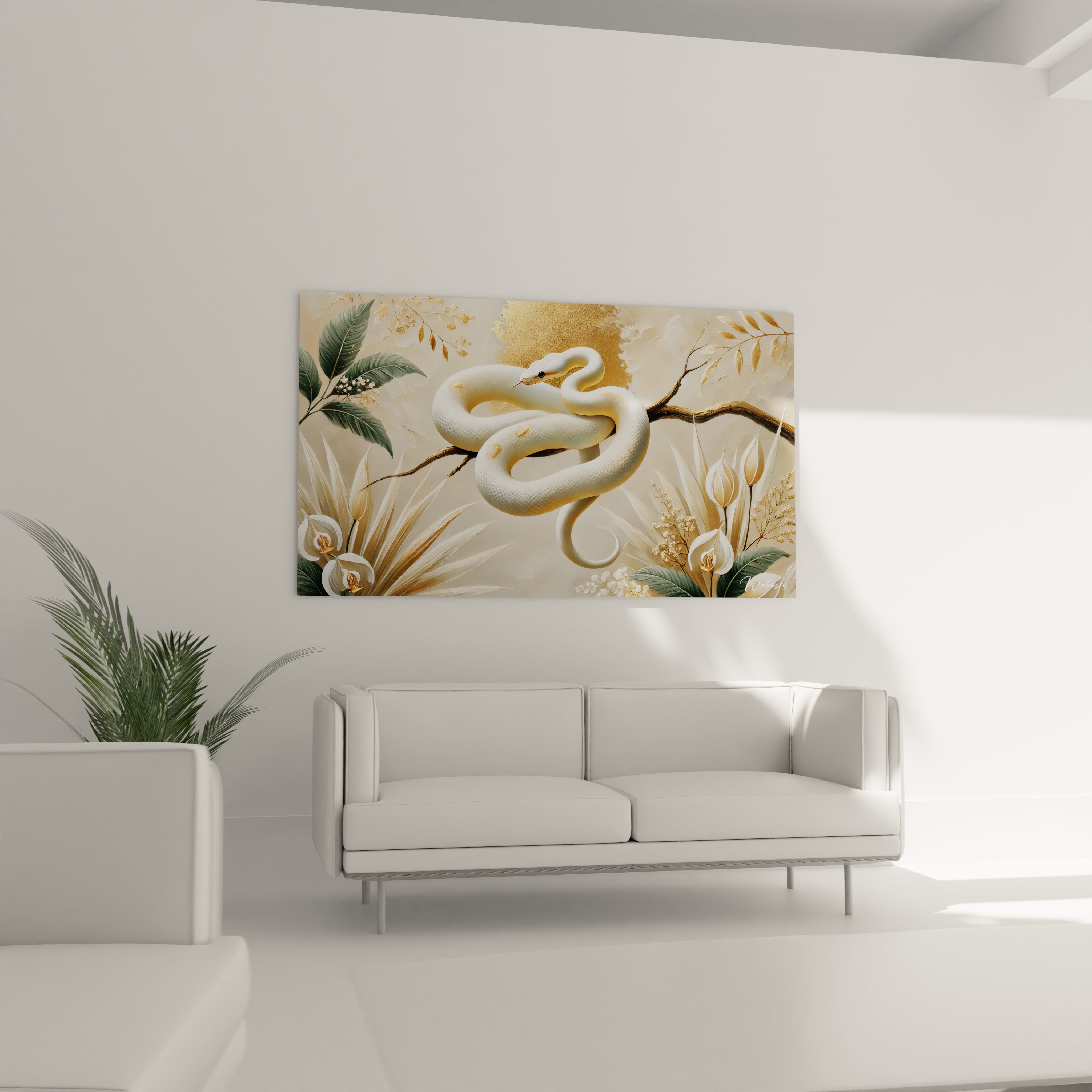 Accroche dans le salon au dessus d'un canape, ce tableau serpent ajoute une touche de sophistication. Son fond beige et or rehausse l'elegance de la piece tout en etant un point focal.

