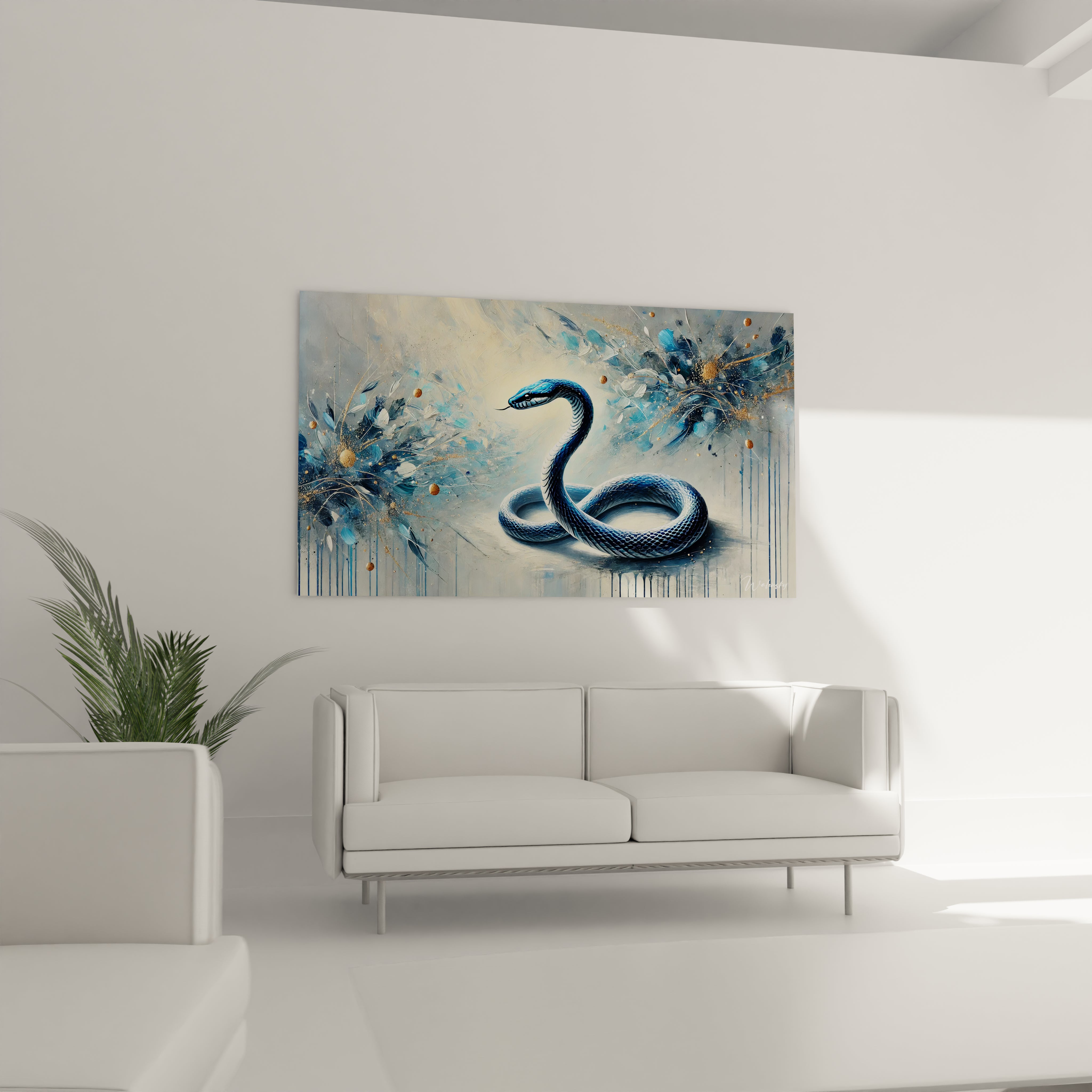 tableau serpent majestueusement installé dans un salon au dessus d un canapé offrant un contraste saisissant entre les courbes gracieuses du serpent et le fond texturé élégant de la toile

