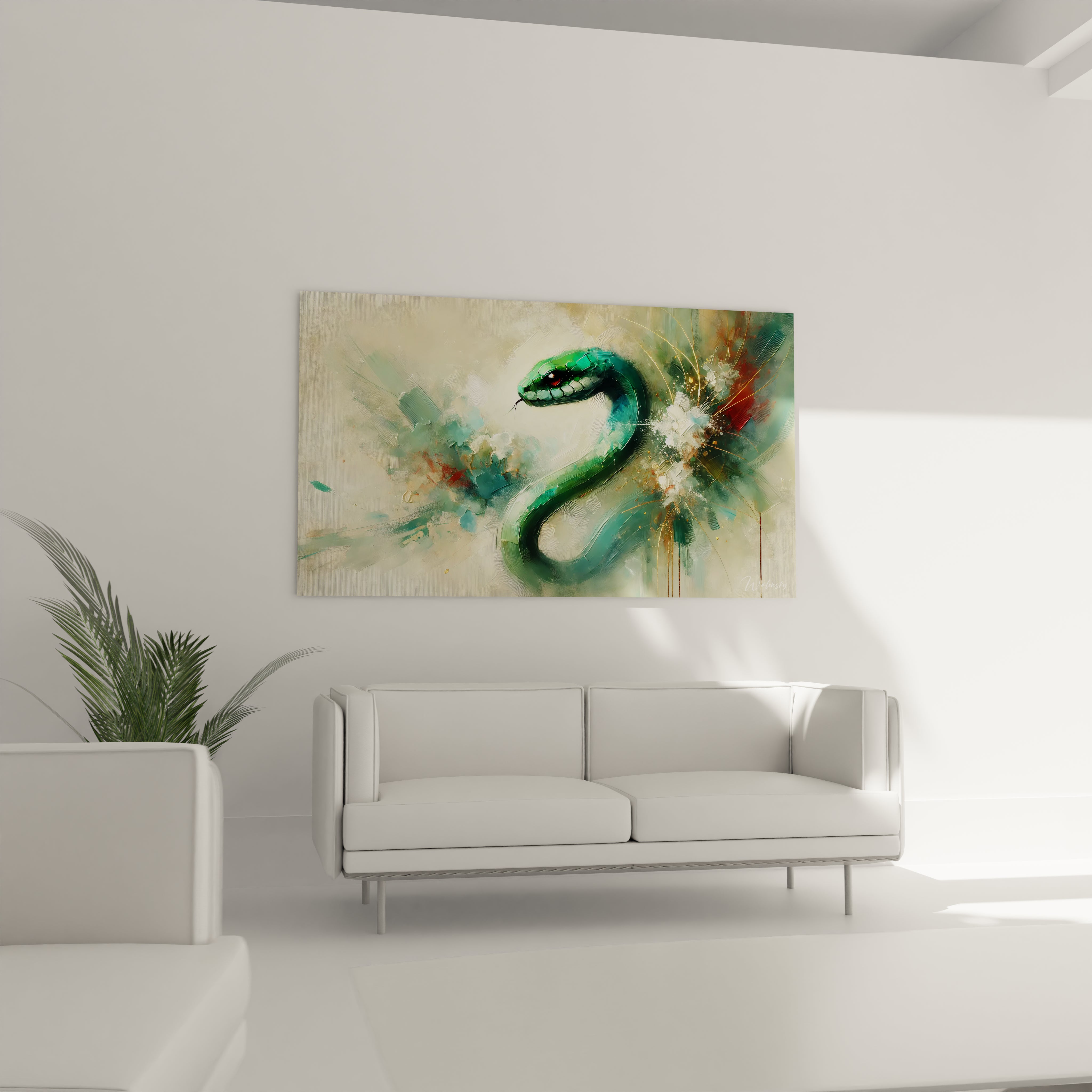 tableau serpent accroché au-dessus d'un canapé dans un salon . Son élégance naturelle et ses éclats dorés apportent une touche luxueuse et moderne qui attire le regard .

