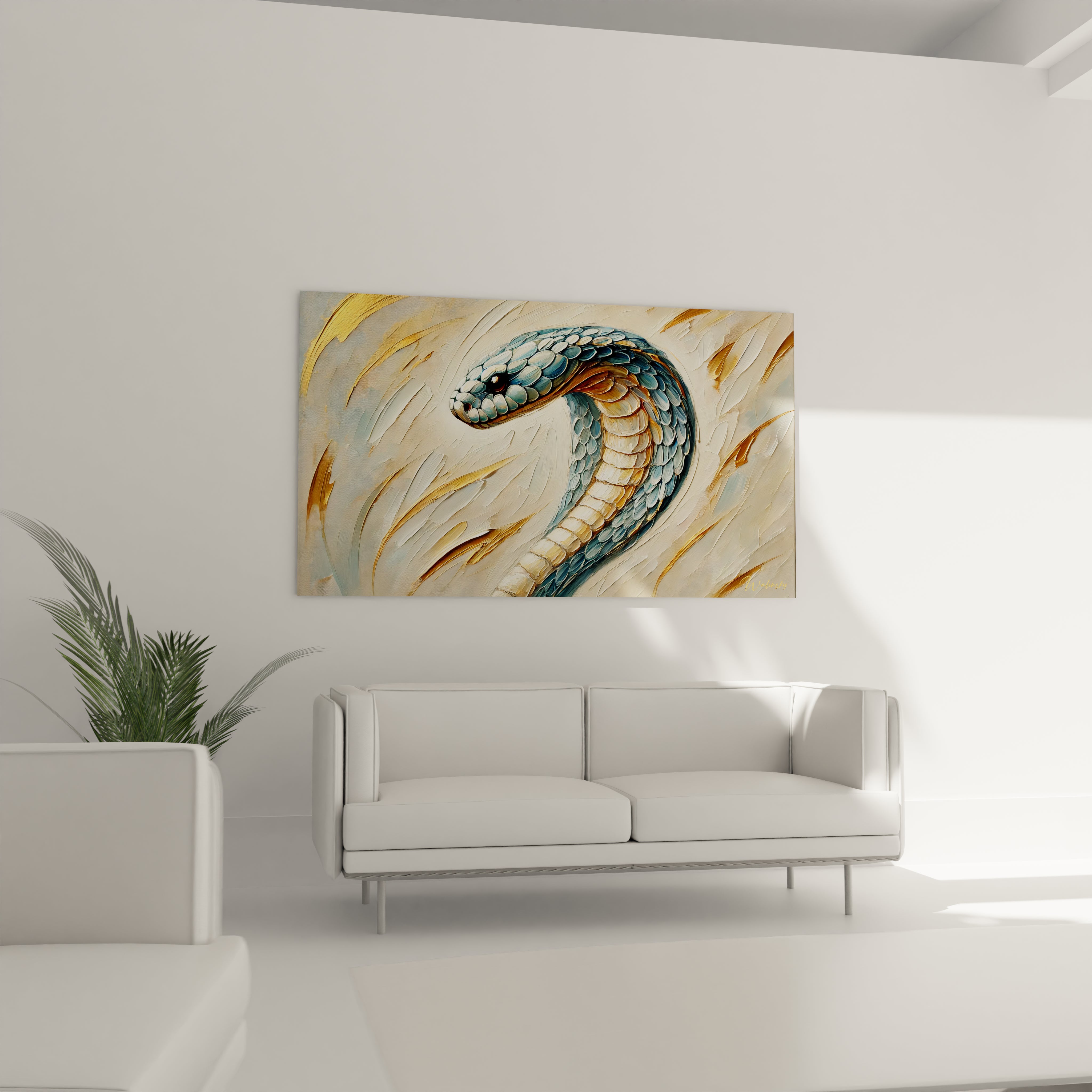 Un tableau serpent magnifique au-dessus d'un canapé dans un salon moderne. Le contraste entre le serpent detaille et le fond abstrait en fait un point focal ideal pour toute decoration.

