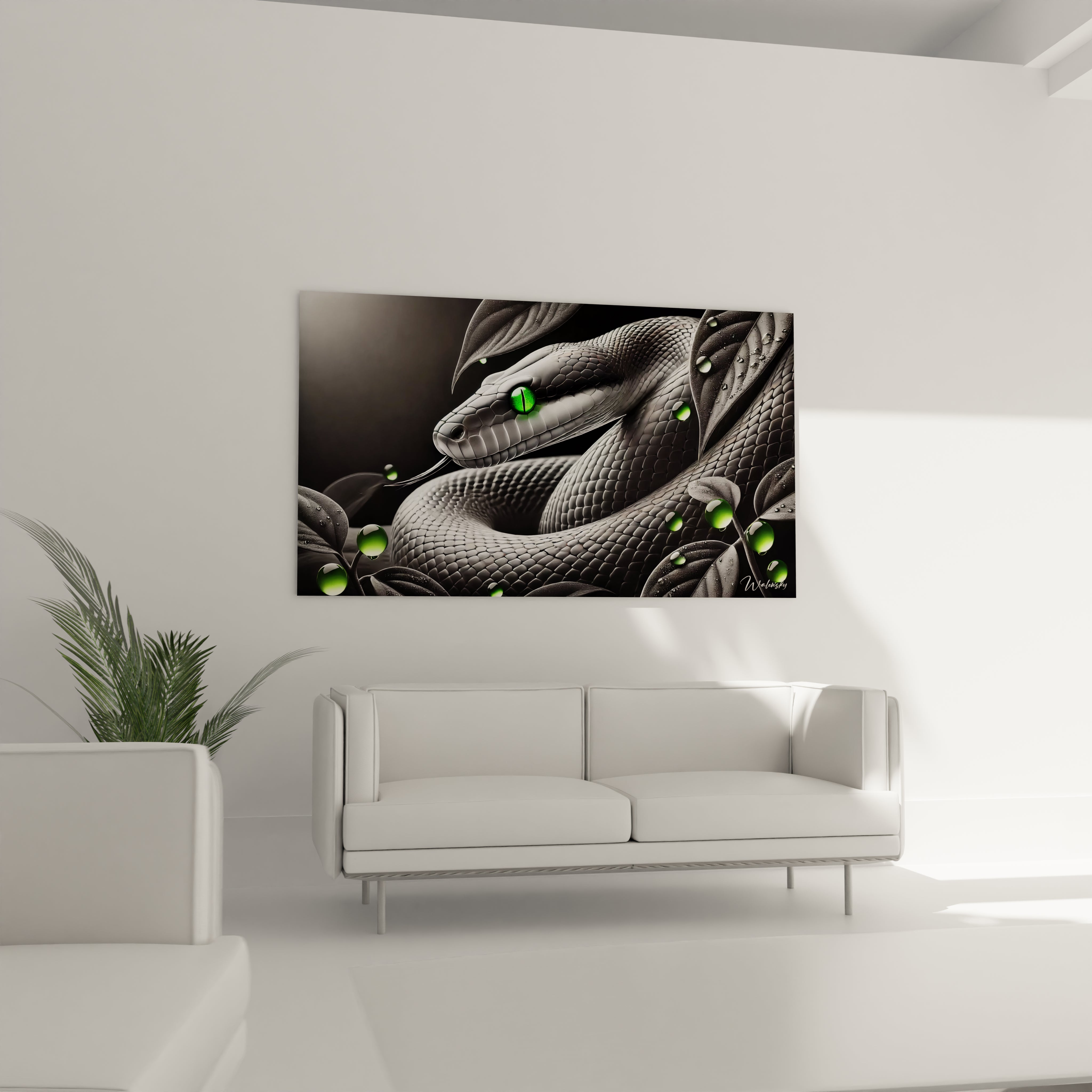 Ce tableau serpent suspendu au-dessus du canapé dans le salon sublime votre intérieur moderne avec son design détaillé et captivant. Son ambiance mystérieuse et ses couleurs sobres s'integrent a merveille.

