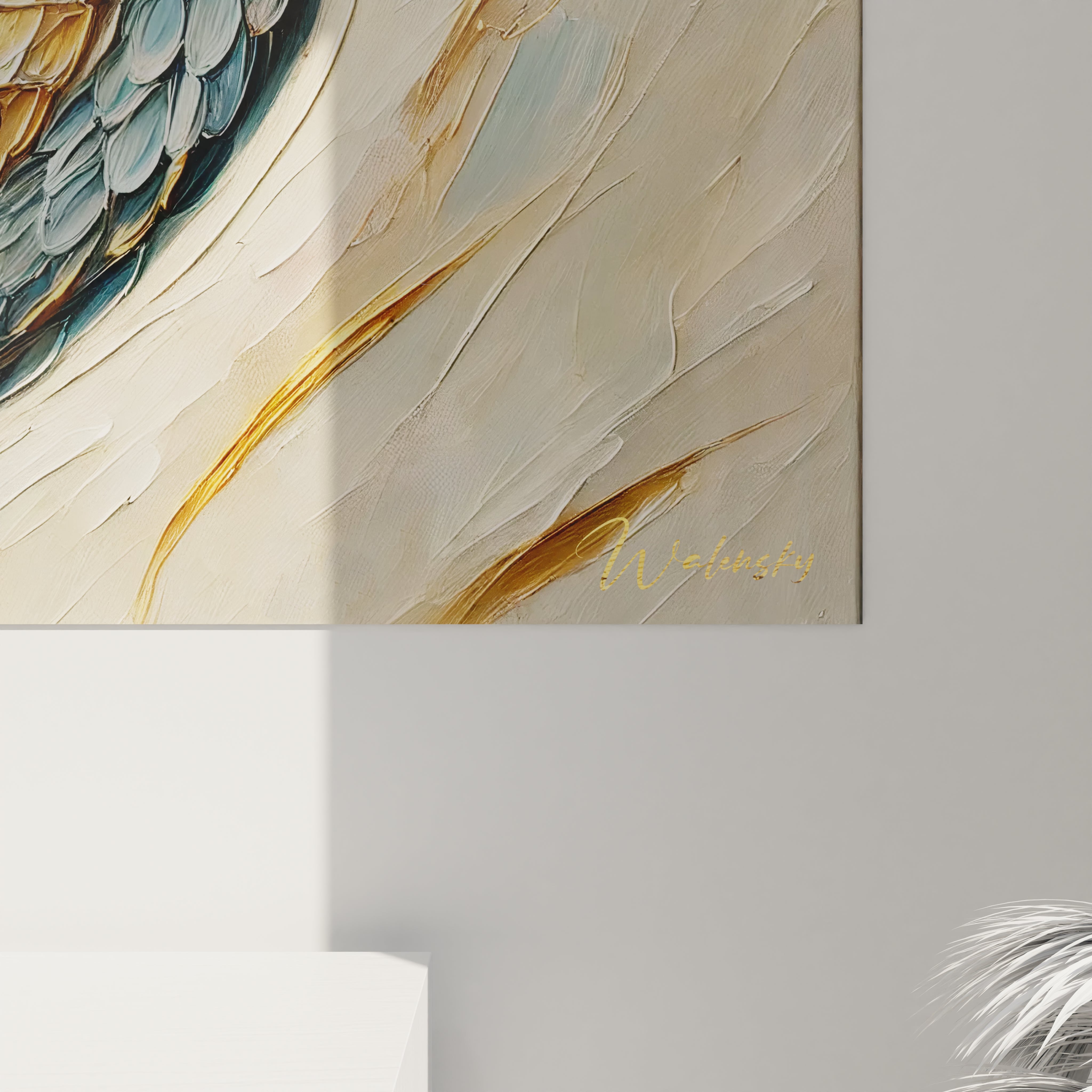 Admirez de pres ce tableau serpent avec ses ecailles en nuances de bleu et beige. Chaque detail et texture ressort, apportant une touche d'elegance artistique a votre interieur.






