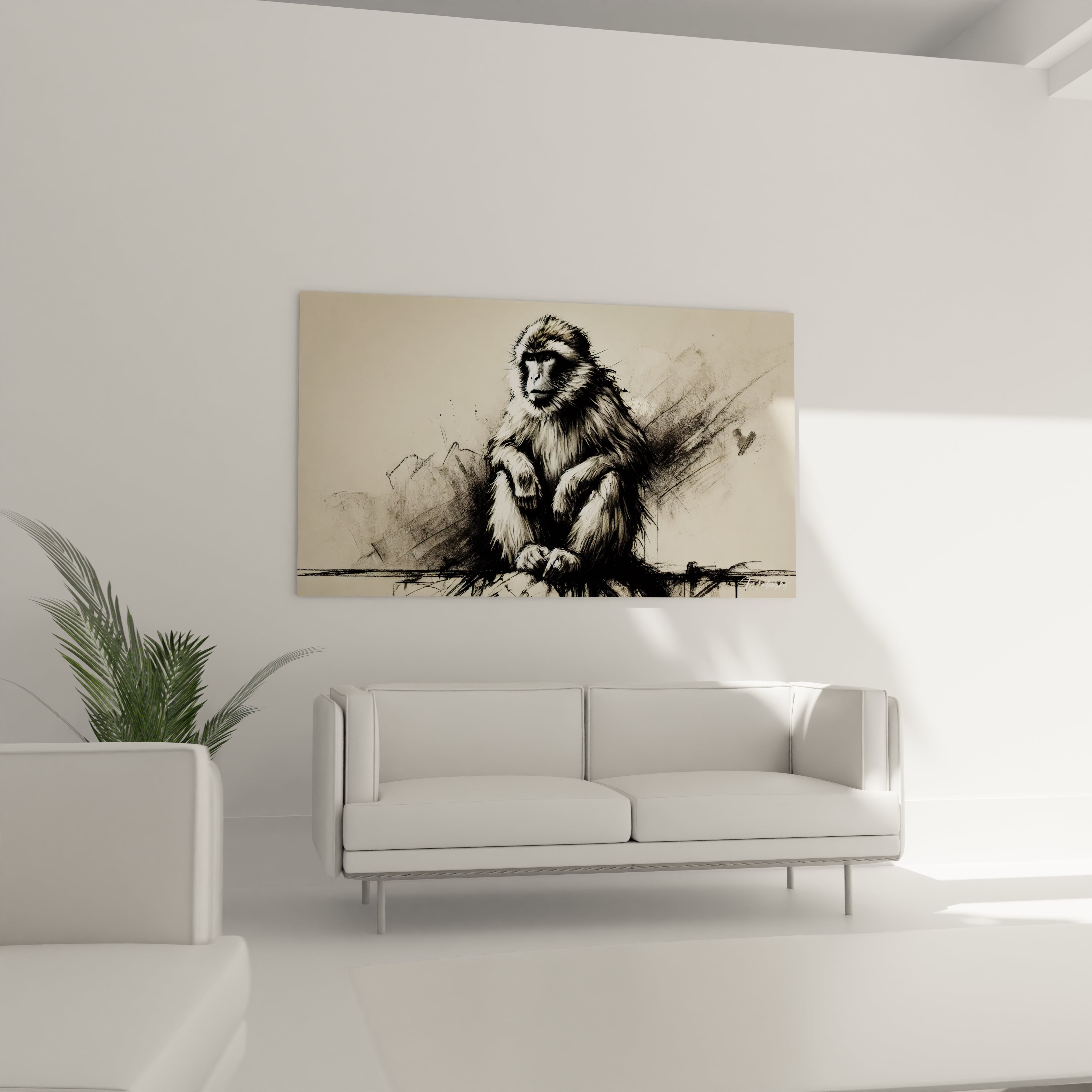 Dans le salon, ce tableau singe au-dessus du canapé attire tous les regards. Son design minimaliste en noir et blanc offre une esthétique raffinée, parfaite pour inspirer la discussion.

