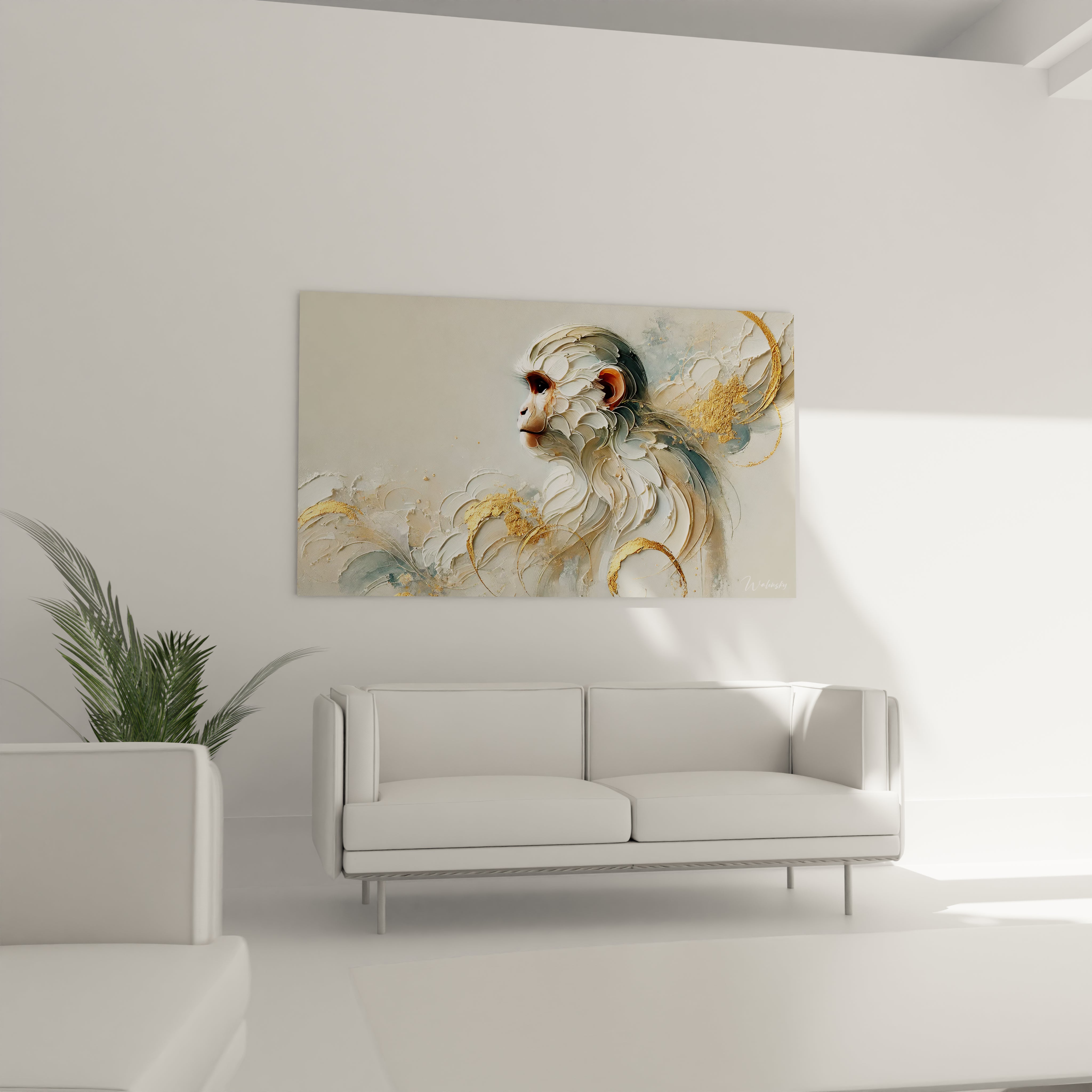 Sublimez votre salon avec ce tableau singe au-dessus du canapé, alliant sophistication et tranquillité grâce à son style abstrait et ses couleurs douces.