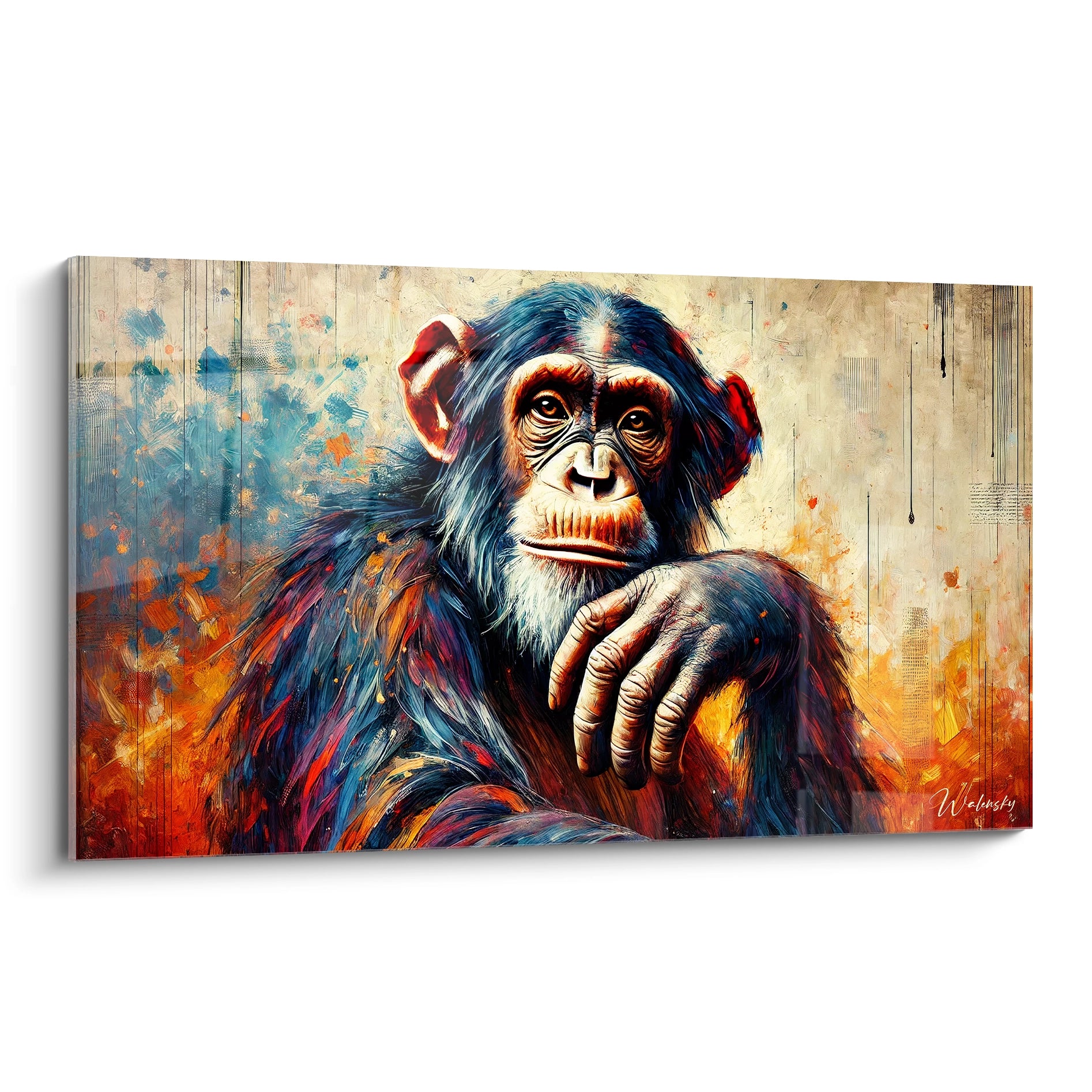 Ce tableau singe offre une vue de biais fascinante, révélant le visage expressif d'un chimpanzé dans un moment de contemplation intense et colorée.

