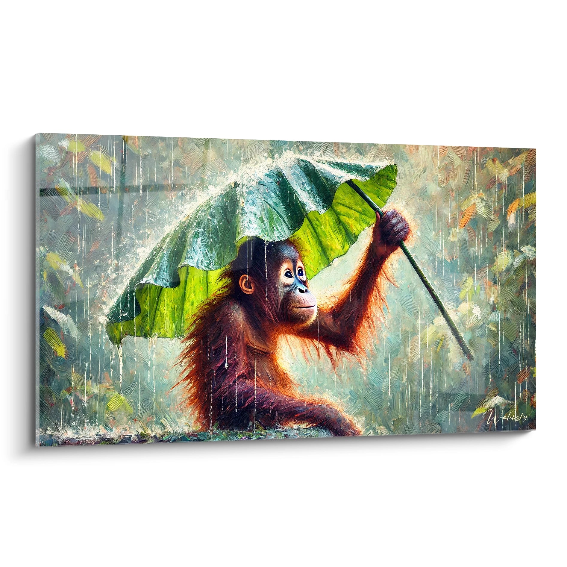 Découvrez ce tableau singe représentant un orang-outan utilisant une feuille comme parapluie. La scène, riche en couleurs, évoque la beauté de la nature tropicale.