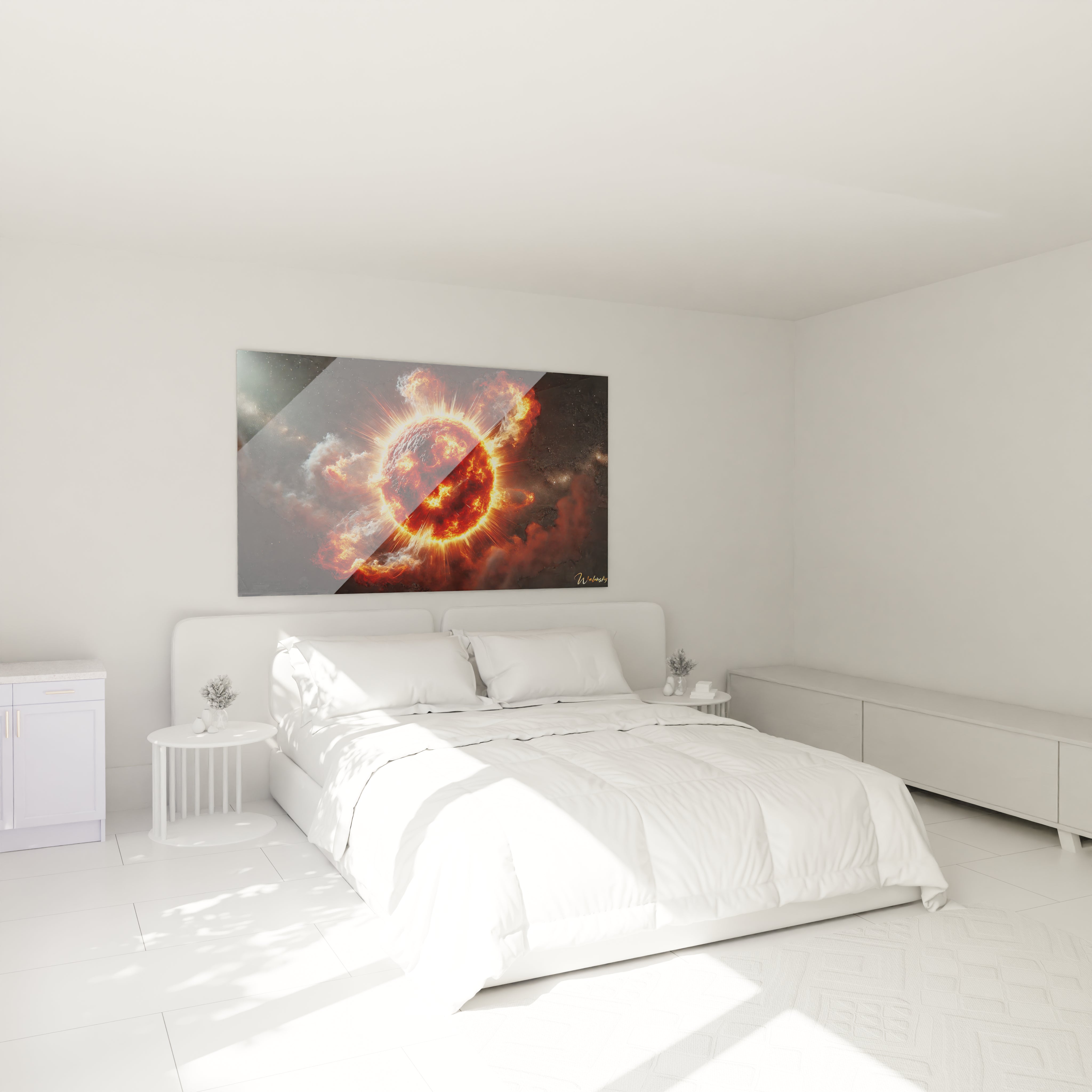 Transformez votre chambre avec le tableau Soleil accroché au-dessus du lit, apportant chaleur et vitalité à votre espace, parfait pour une ambiance apaisante et moderne.

