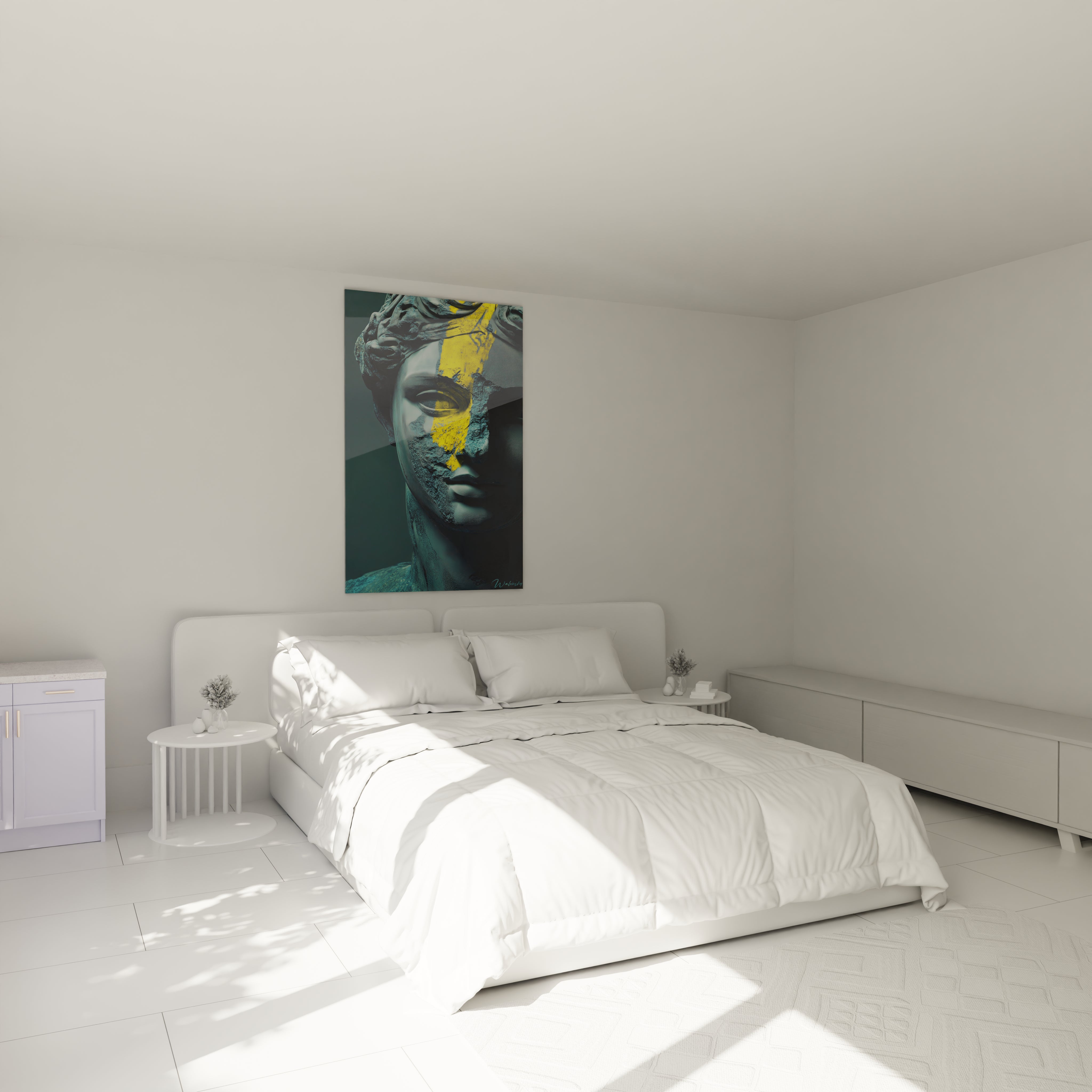 Un tableau statue marbrée présentant un visage classique traversé par une ligne jaune vif. Composition en gros plan sur fond vert-bleu profond, textures granuleuses imitant la pierre érodée et surfaces lisses contrastant avec l'intervention graphique moderne.
