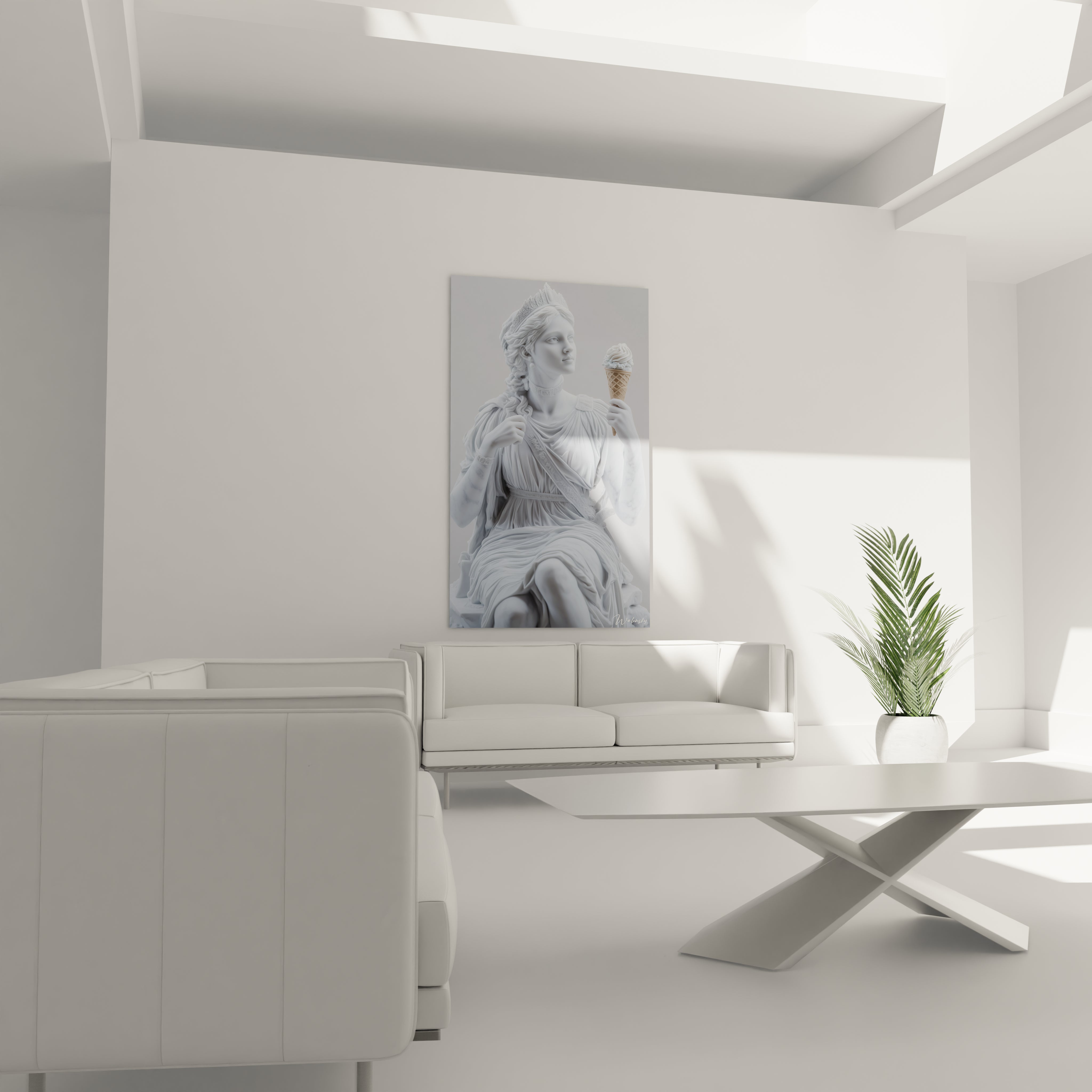 Un tableau statue néoclassique d'une figure féminine majestueuse en blanc immaculé tenant délicatement un cornet de glace beige. Les textures marbrées et les drapés élaborés créent un effet tridimensionnel saisissant.
