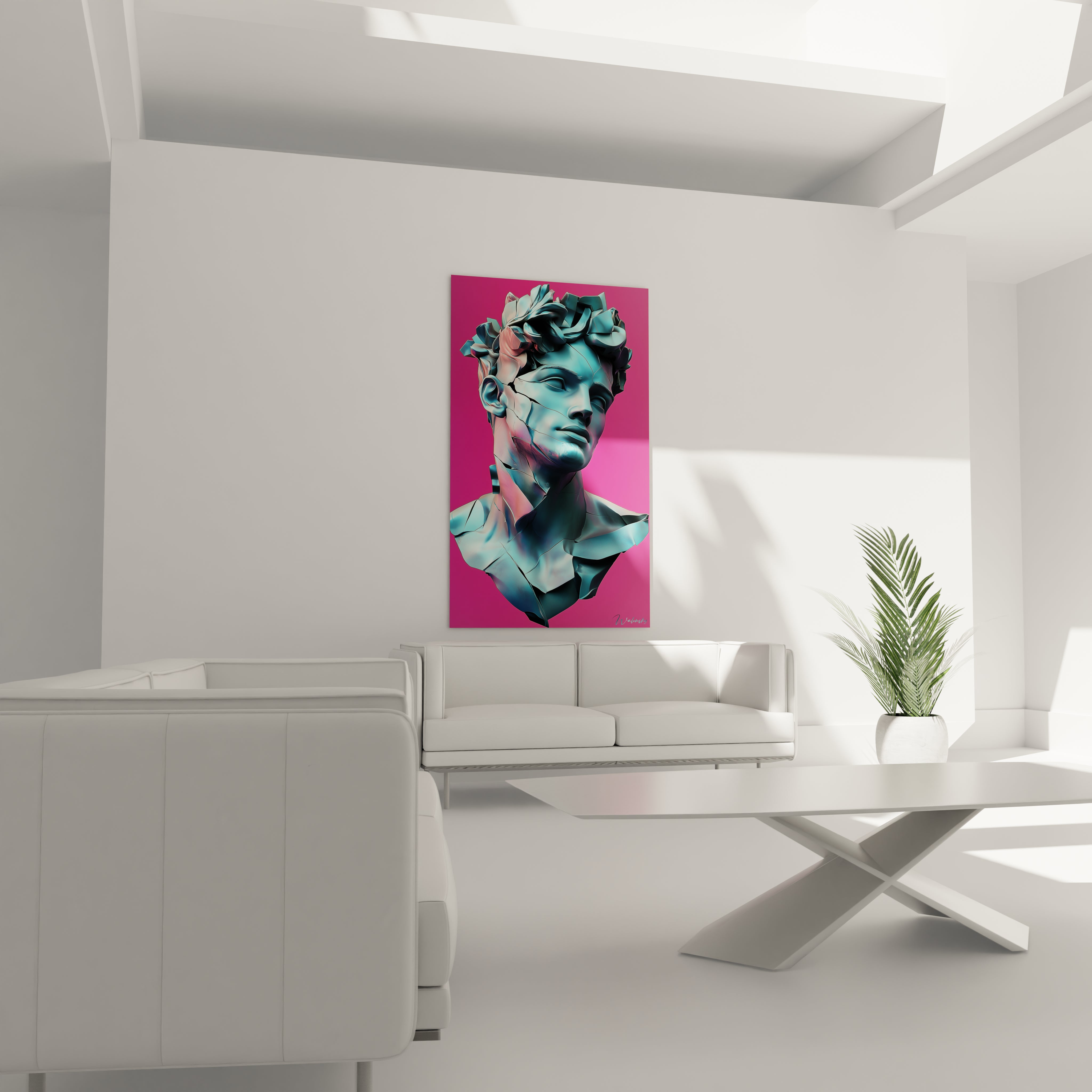 Un tableau statue néoclassique déconstruit représentant un buste masculin fragmenté aux teintes turquoise iridescentes et touches roses, avec une surface texturée suggérant le marbre fissuré, se détachant dramatiquement sur un fond fuchsia.
