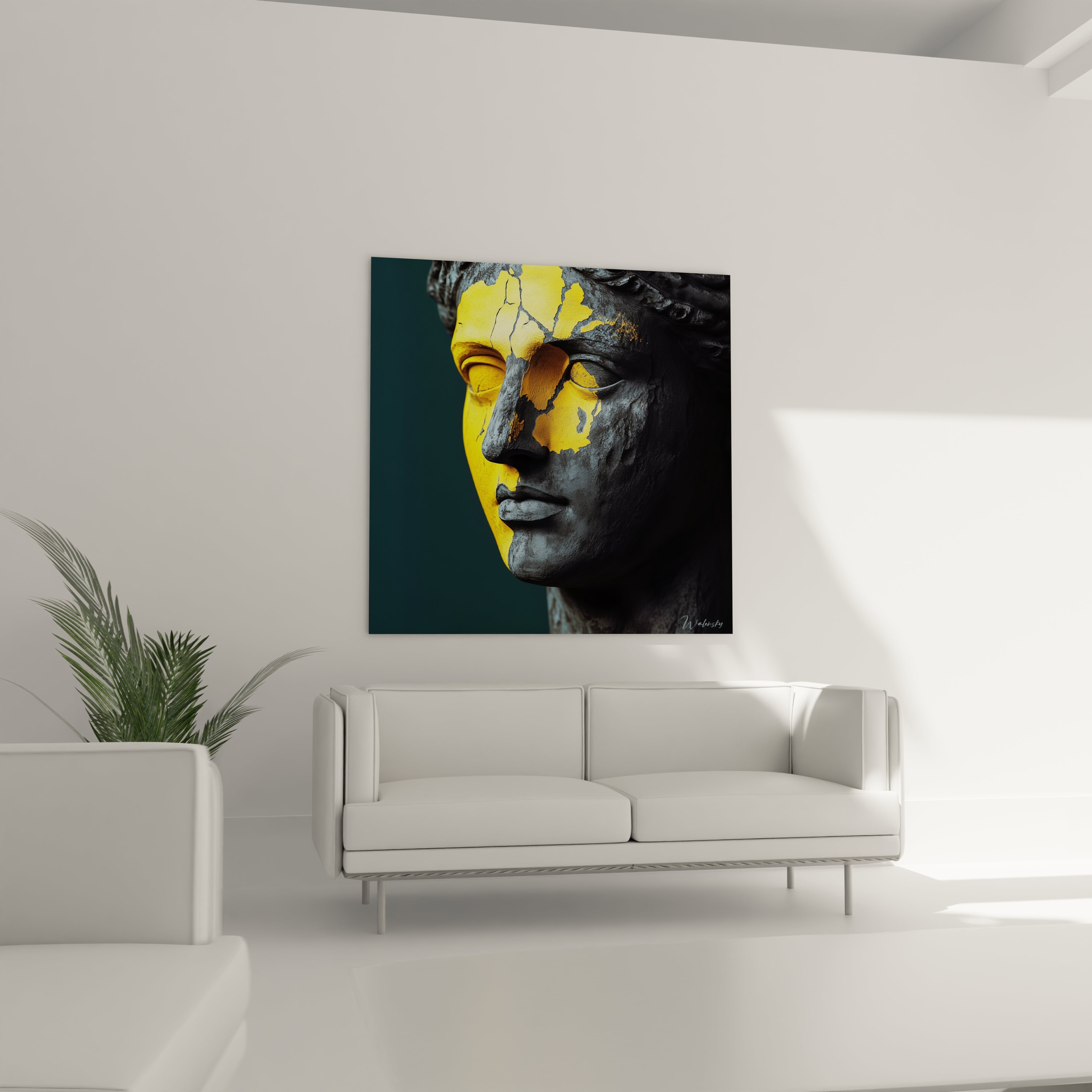Un tableau statue classique représentant un buste au profil noble partiellement recouvert d'or, jouant sur les contrastes de matières entre pierre noire craquelée et métal précieux, sur fond sombre aux teintes verdâtres.
