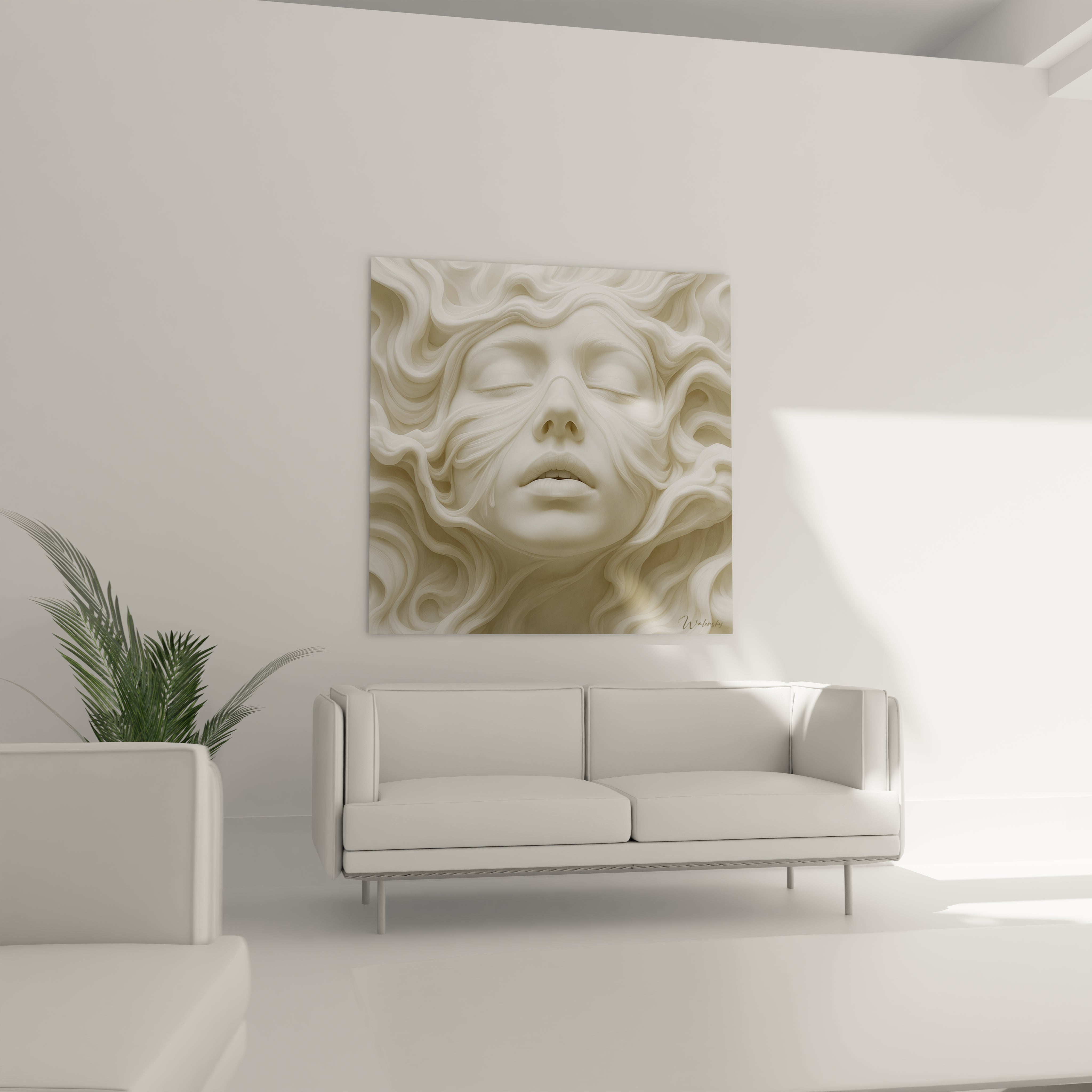 Un tableau visage sculptural blanc montrant un portrait féminin en relief aux yeux clos. Les ondulations fluides entourant le visage créent une impression de mouvement figé dans une matière lisse et immaculée aux nuances subtiles de blanc et beige.
