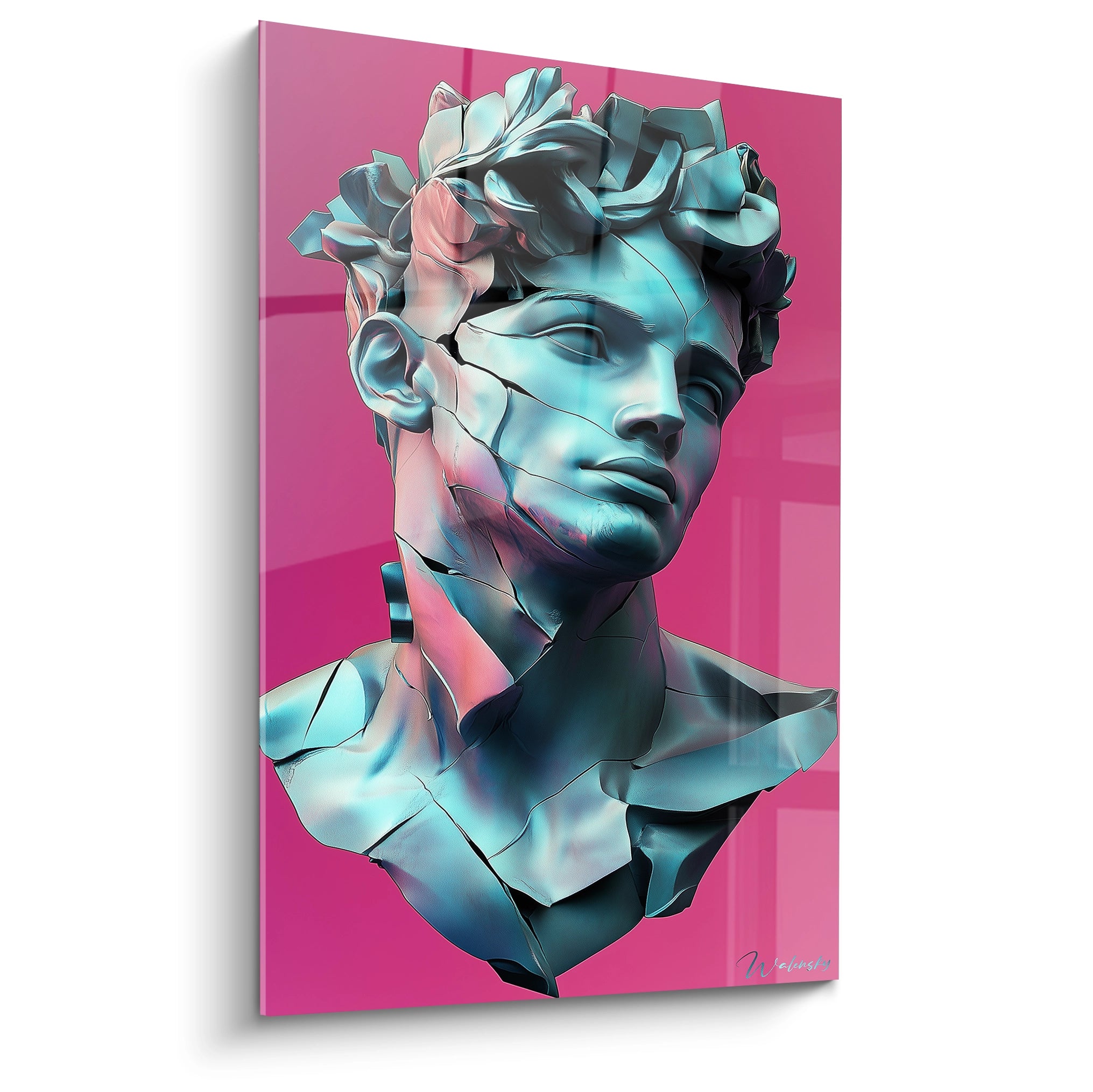 Un tableau statue fragmentée présentant un buste masculin classique aux tons turquoise métallisé, avec des fissures géométriques sur fond rose vif, créant un contraste saisissant entre art antique et esthétique contemporaine.
