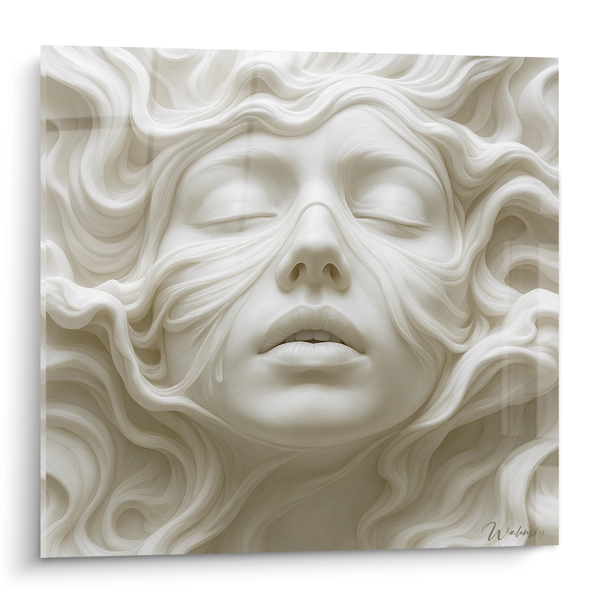 Un tableau visage sculptural monochrome représentant un visage féminin aux yeux fermés, entouré d'ondulations fluides évoquant des cheveux ou des vagues. Texture lisse en relief blanc immaculé créant un jeu d'ombres douces sur fond blanc.
