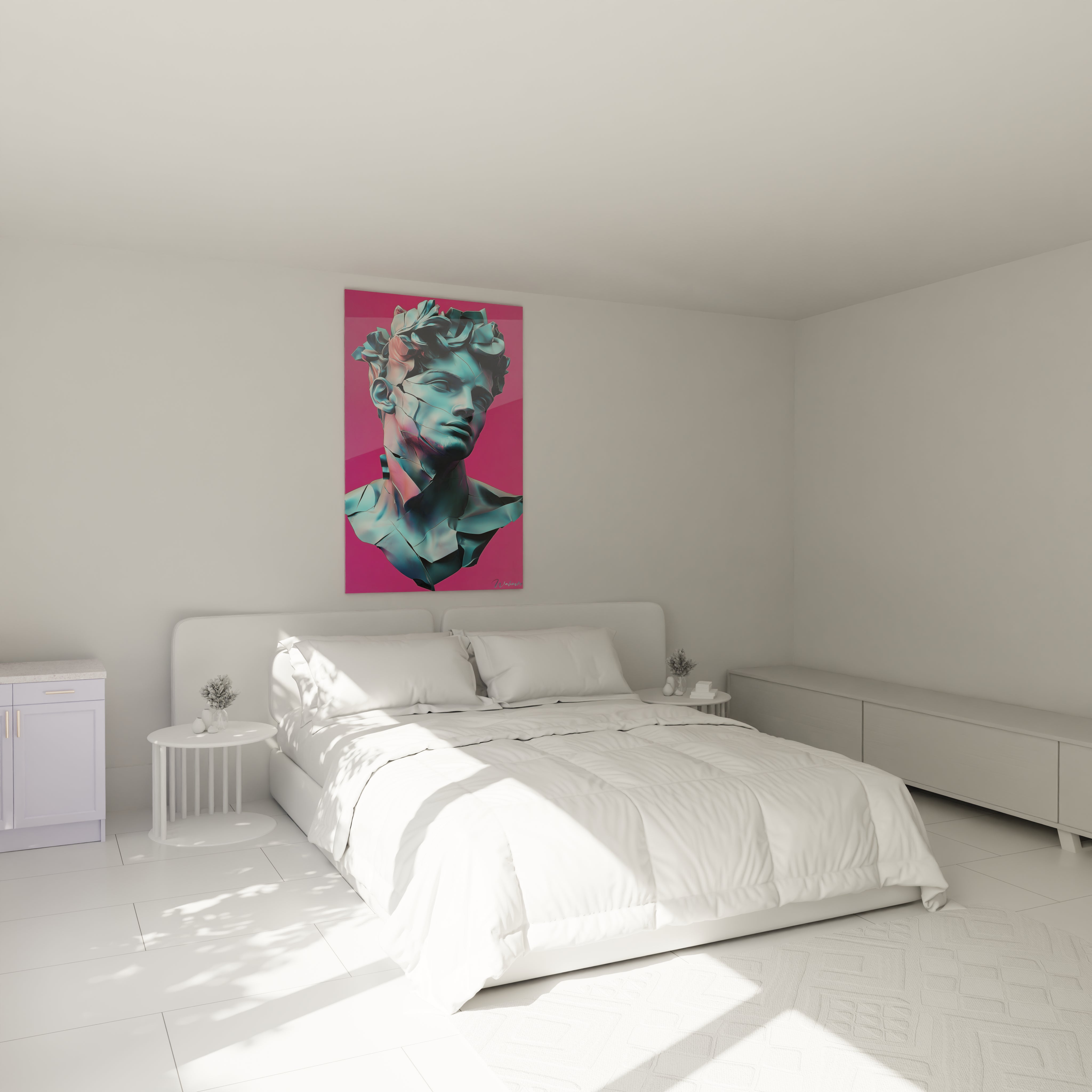 Un tableau statue grecque revisité montrant un visage serein éclaté en fragments géométriques aux reflets turquoise et rose pâle, avec des lignes de fracture nettes et des surfaces lisses évoquant le marbre sur un arrière-plan rose vibrant.
