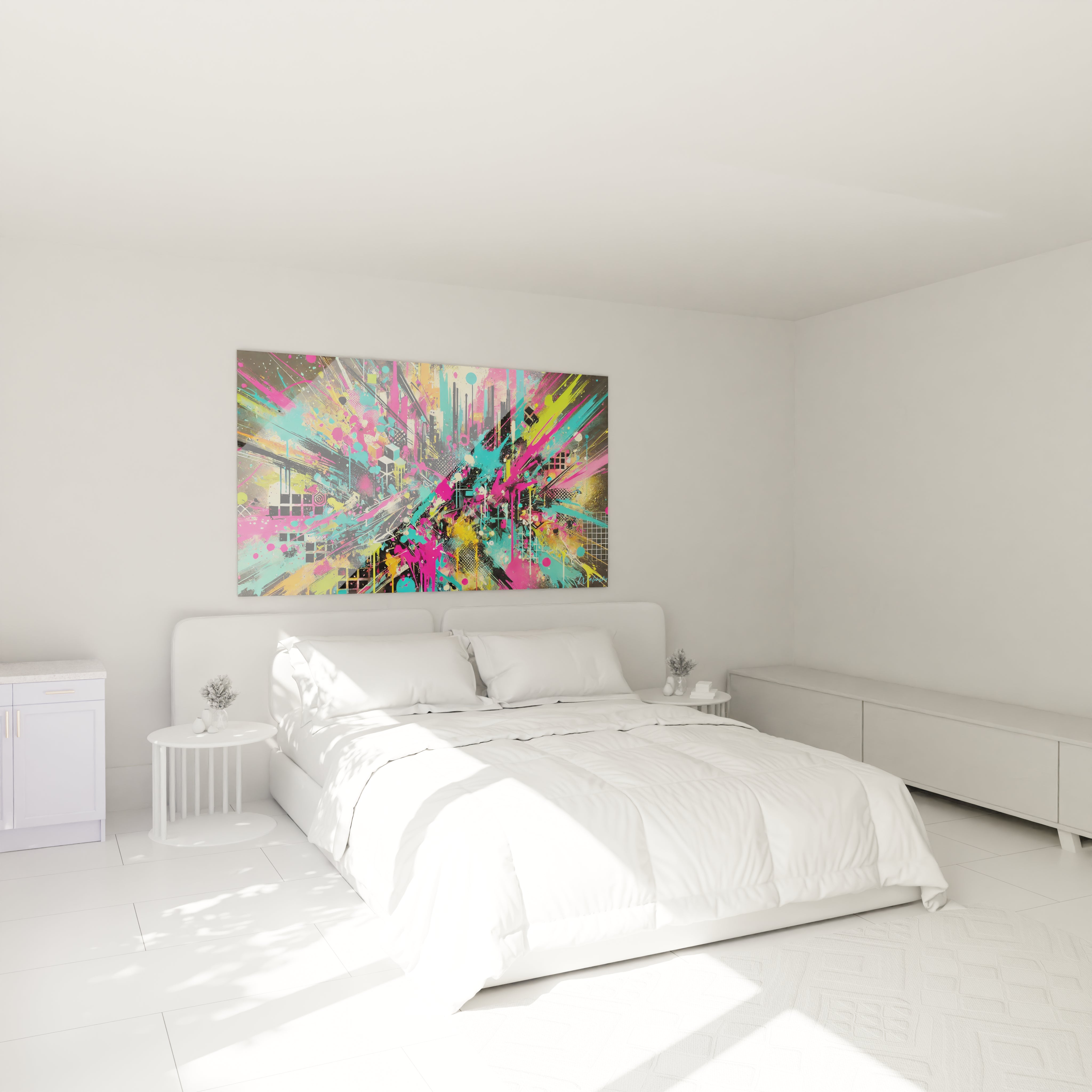 Tableau street art accroche au mur dans une chambre. Ses couleurs neon et textures urbaines ajoutent une touche audacieuse et dynamique, parfait pour energiser l’espace avec style.

