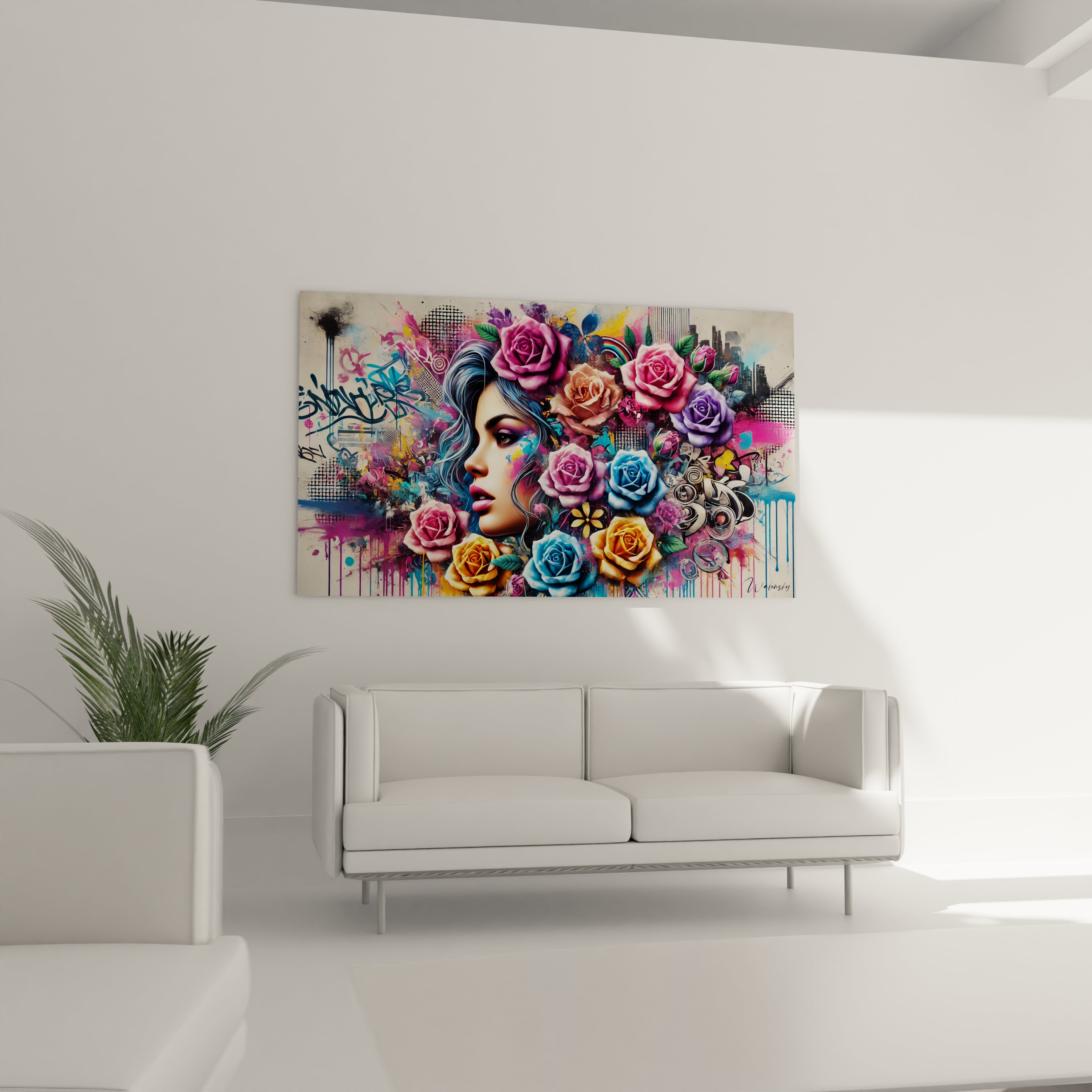 Place au-dessus du canape dans votre salon, ce tableau street art capte l'attention avec son style urbain et ses nuances florales captivantes.

