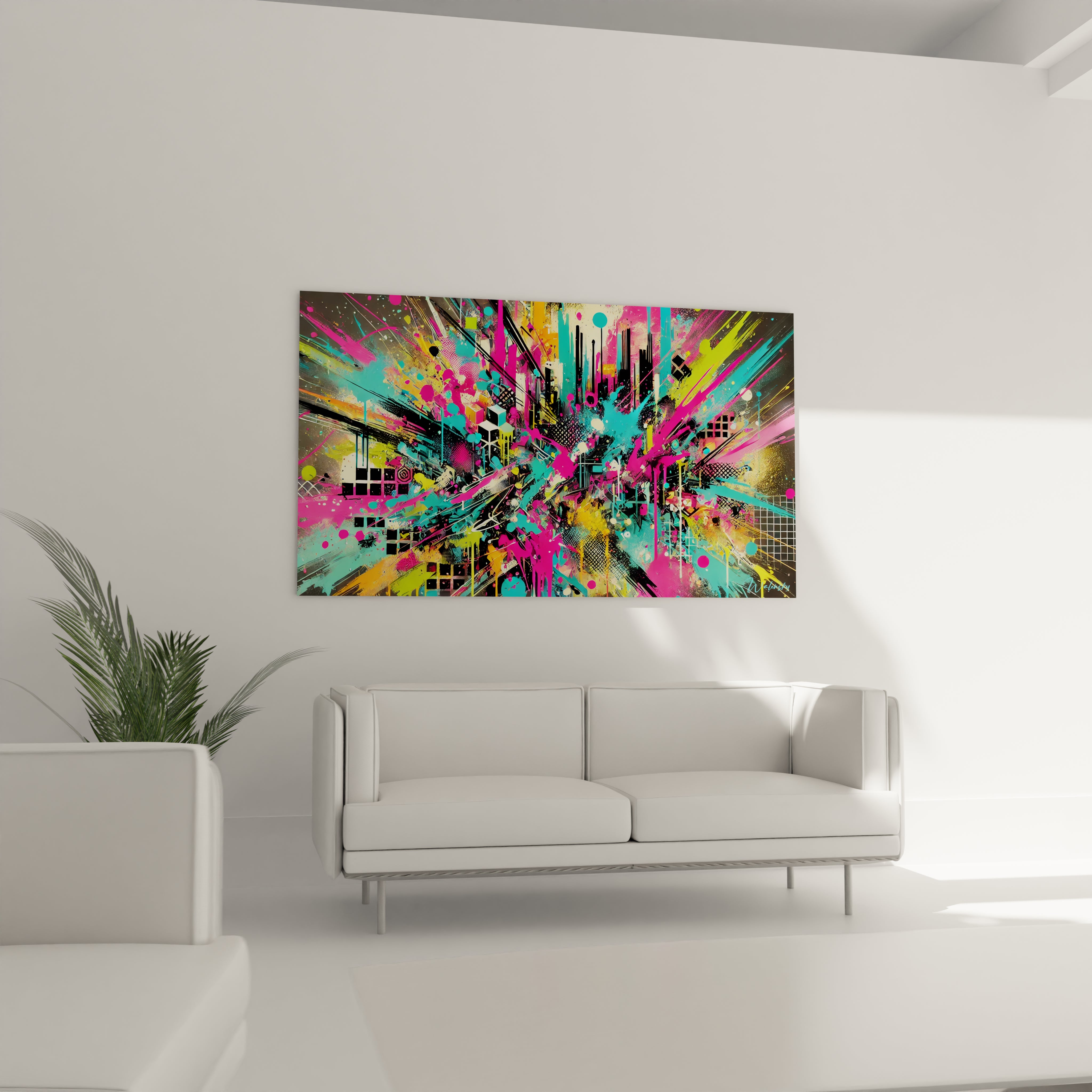 Tableau street art place au-dessus d’un canape dans un salon. Il transforme l’espace avec ses couleurs vives et son style graffiti, creant un point focal captivant et expressif.

