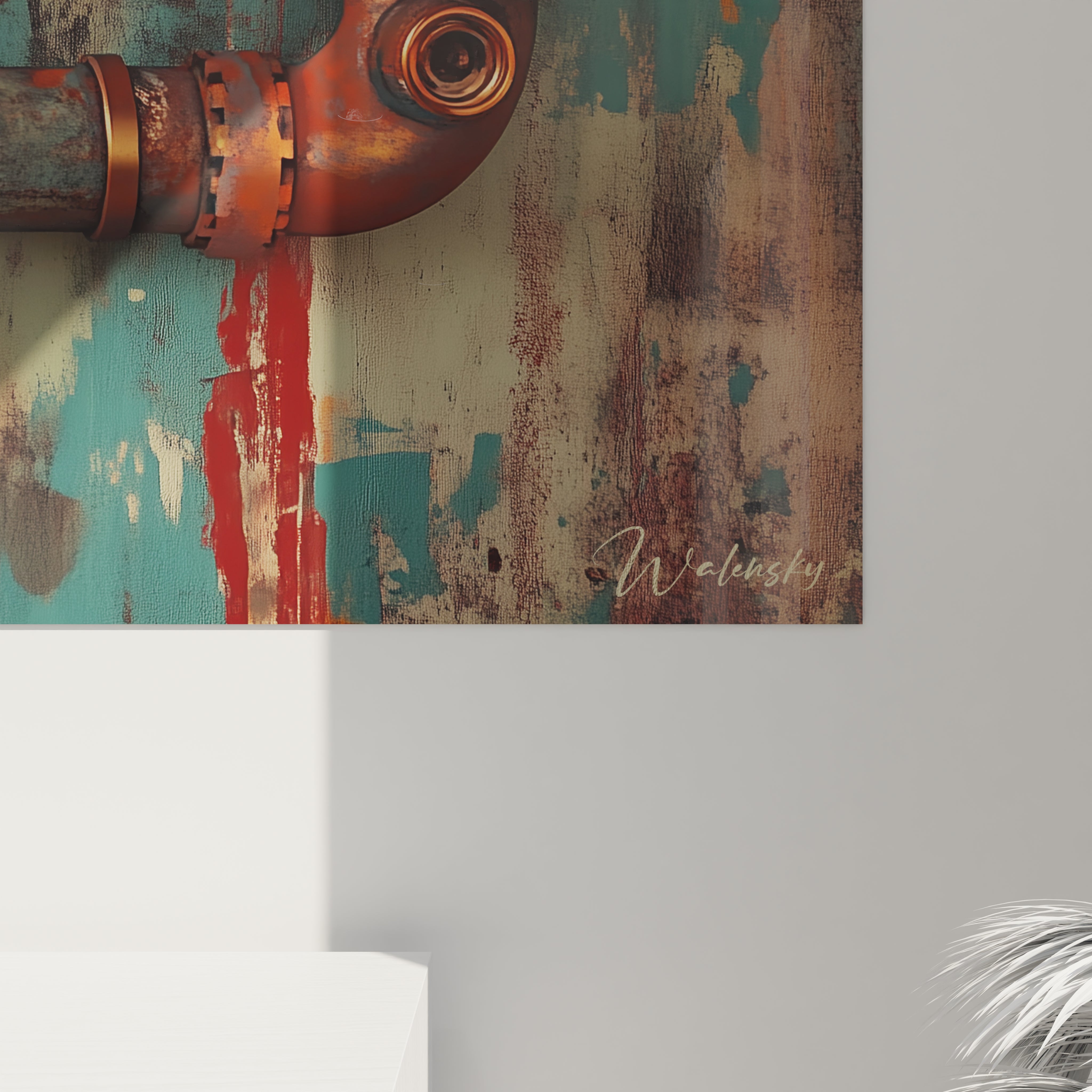Un tableau steampunk figurant une installation de tuyaux en cuivre avec raccords et manomètre circulaire sur un fond peint en turquoise, blanc et touches d'orange. L'œuvre joue sur le contraste entre la précision mécanique et l'abstraction expressive de l'arrière-plan.
