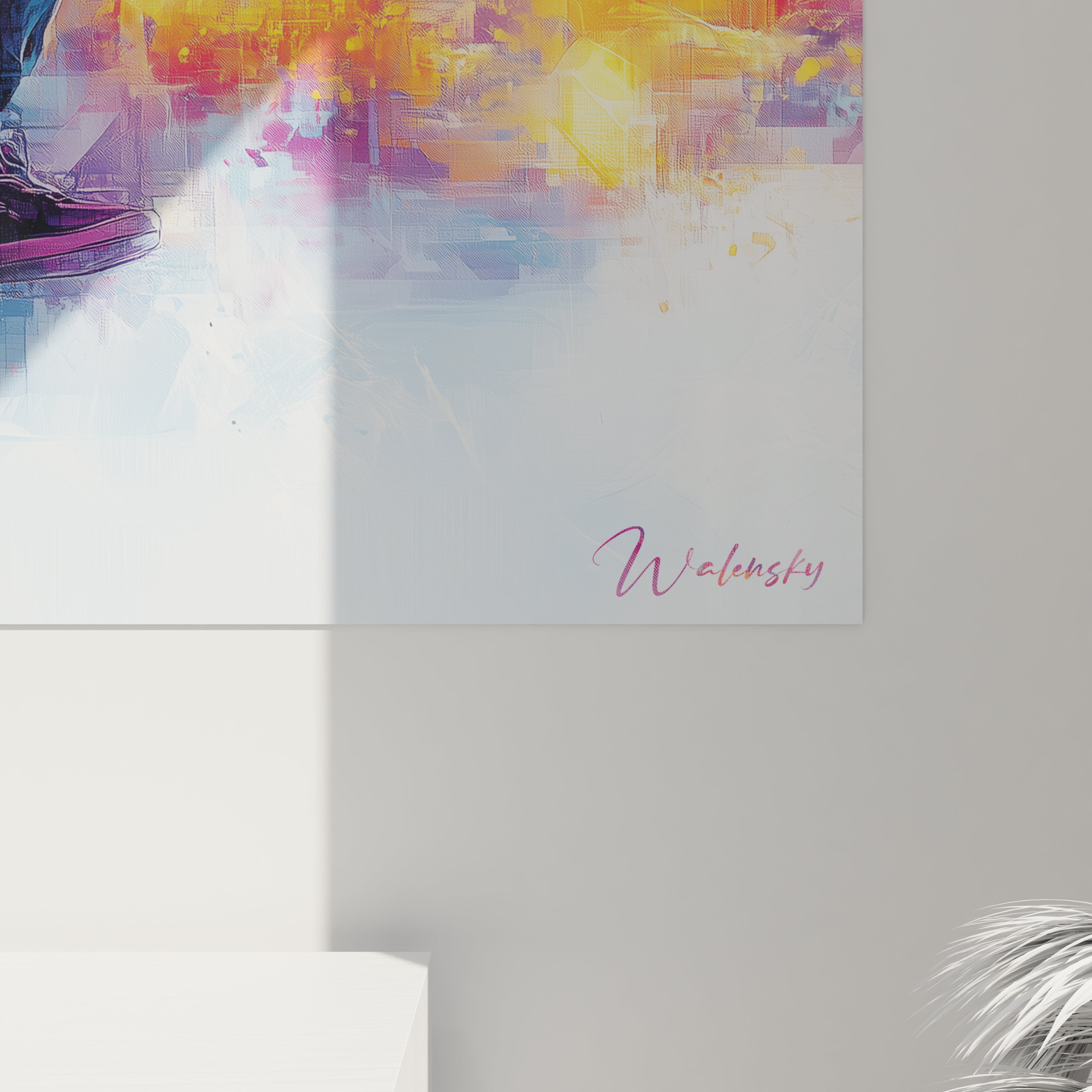Un tableau artistique figurant un danseur urbain en pleine action, silhouette sombre aux reflets violets et bleus, se découpant sur un paysage citadin stylisé aux couleurs vives d'orange, de jaune et de blanc, avec des effets de flou et de fragmentation.
