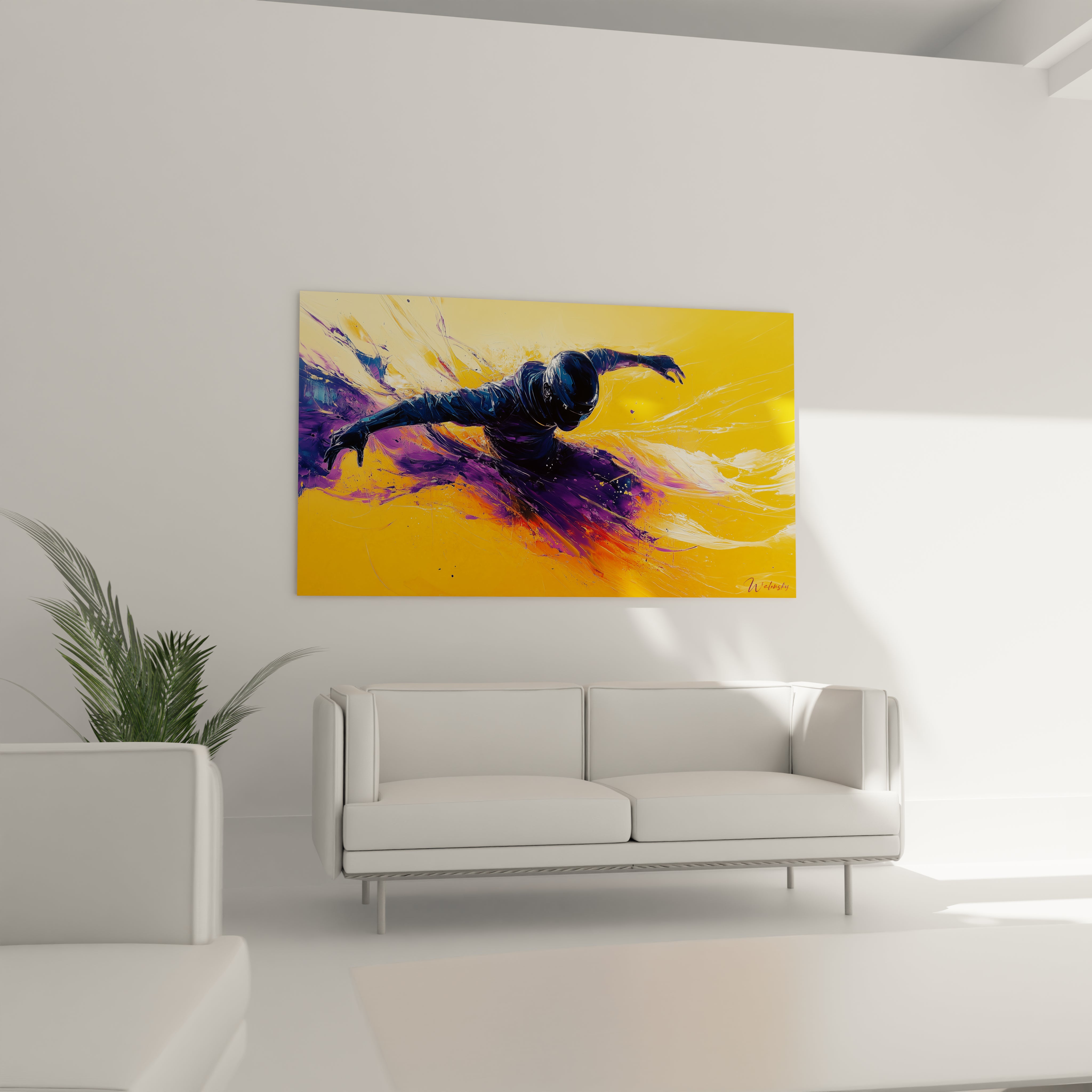 Un tableau silhouette urbaine montrant un personnage anonyme en pleine figure acrobatique, avec des contrastes saisissants entre le bleu marine de la figure et le jaune orangé du fond, enrichi de giclures blanches suggérant vitesse et liberté.
