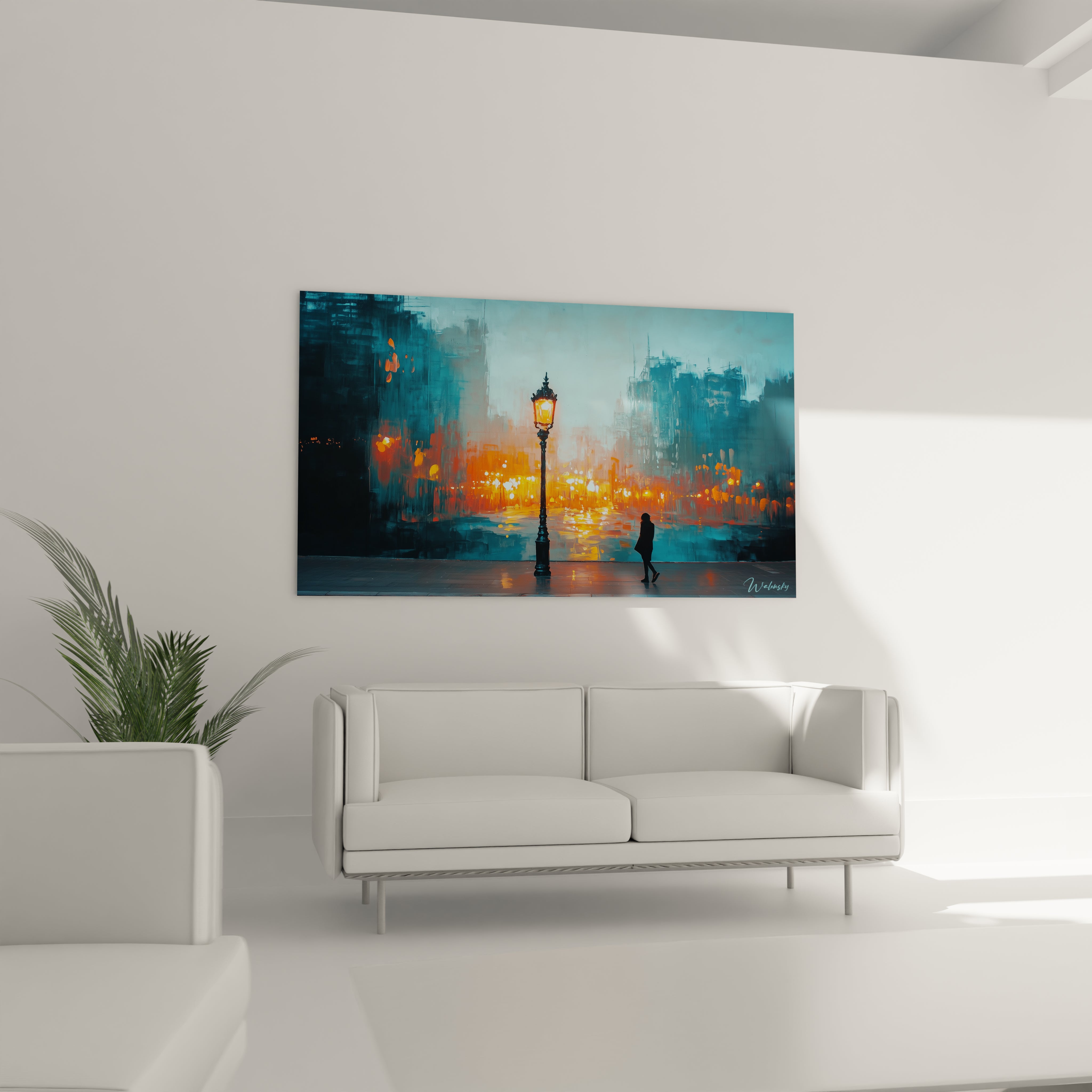 Tableau street art urbain capturant l'instant d'une rencontre entre lumière et obscurité, où un réverbère doré éclaire une silhouette sombre sur fond de ville brumeuse aux tons bleu-turquoise, avec des éclaboussures de lumière orangée reflétées sur le sol.
