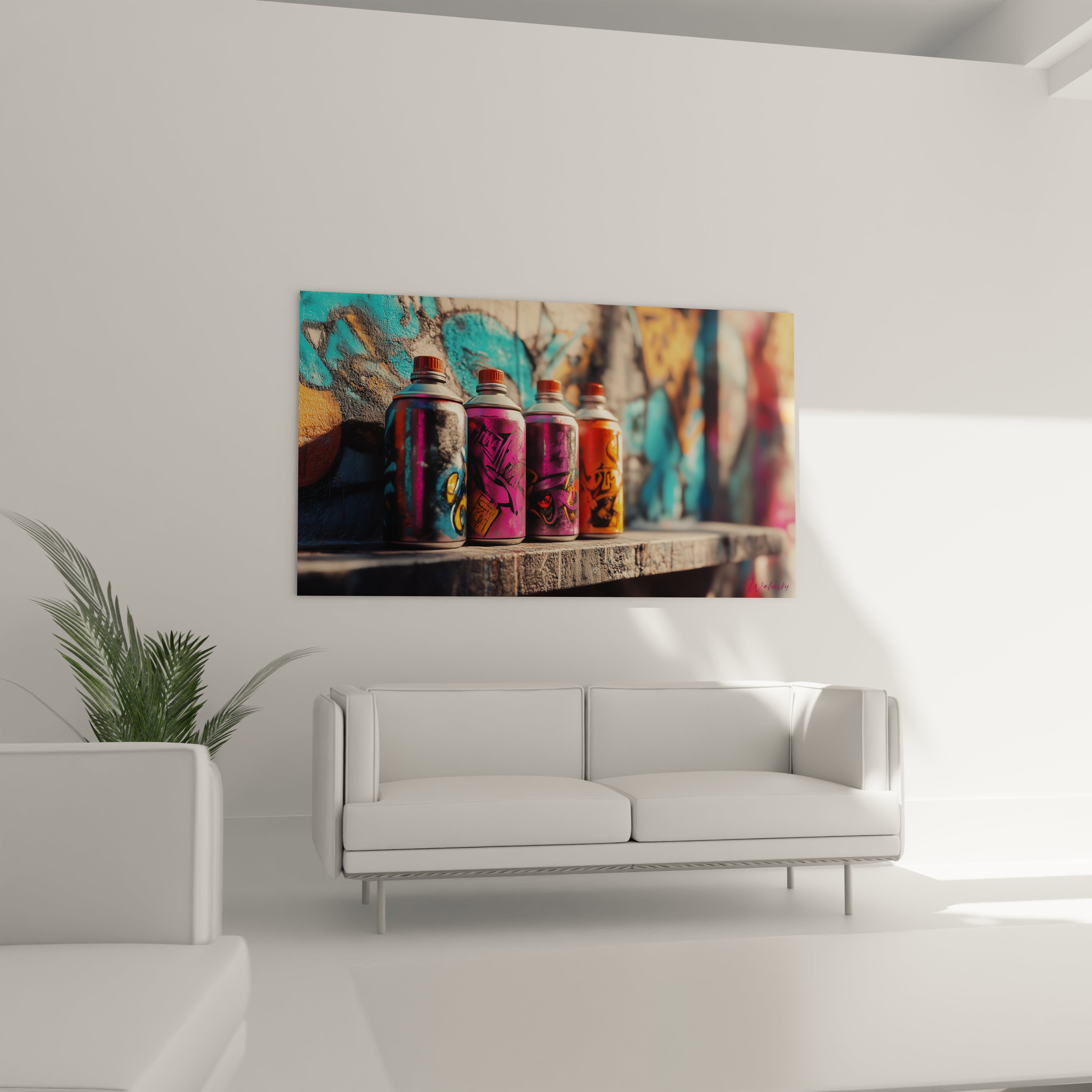 Tableau street art exposant quatre bombes de peinture utilisées pour le graffiti, du noir au rose, argenté et orange, placées sur une surface rugueuse, photographiées avec une faible profondeur de champ qui isole les outils contre un mur tagué multicolore.
