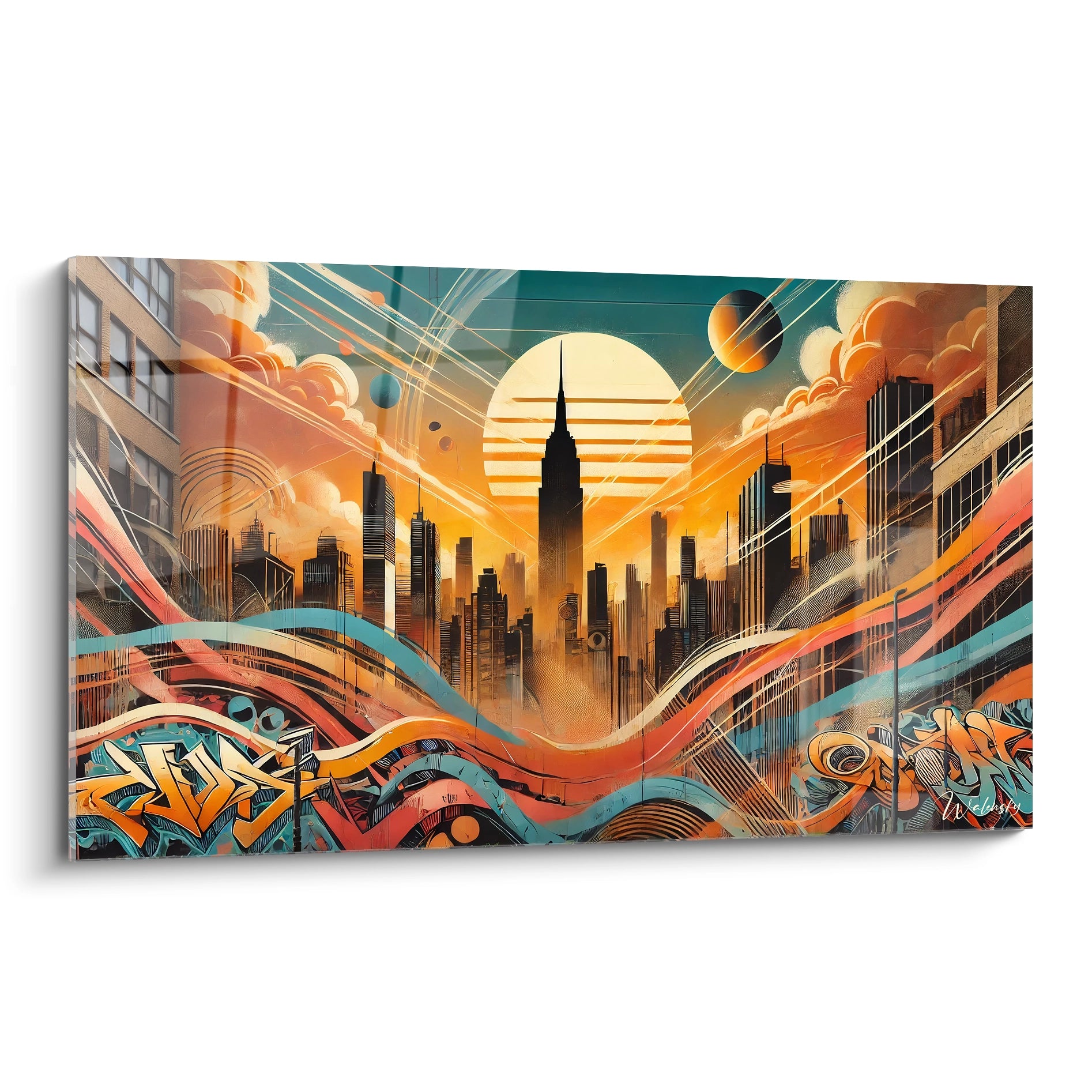 Admirez ce tableau street art vu de biais, capturant l'énergie urbaine des gratte-ciels et des graffitis, parfait pour une ambiance contemporaine et dynamique.

