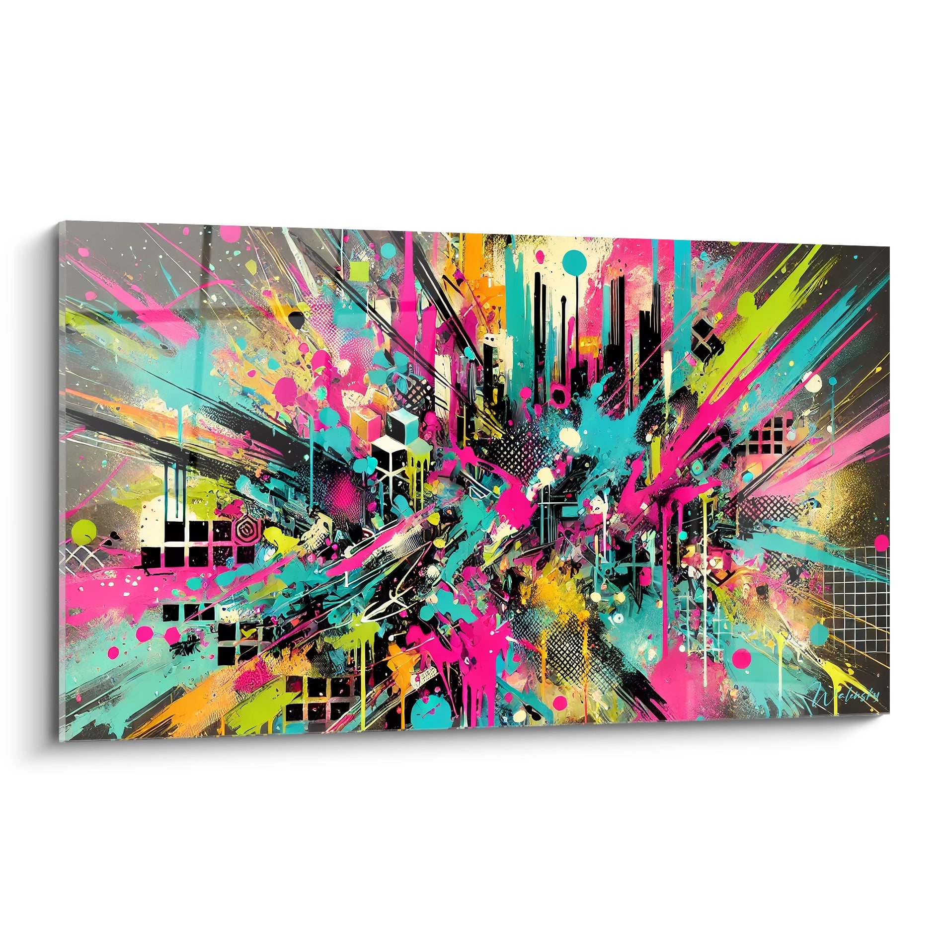 Tableau street art inspire par le dynamisme urbain, vu de biais. Explosion de couleurs neon et textures brutes pour une ambiance vibrante et artistique. Ideal pour un decor unique.

