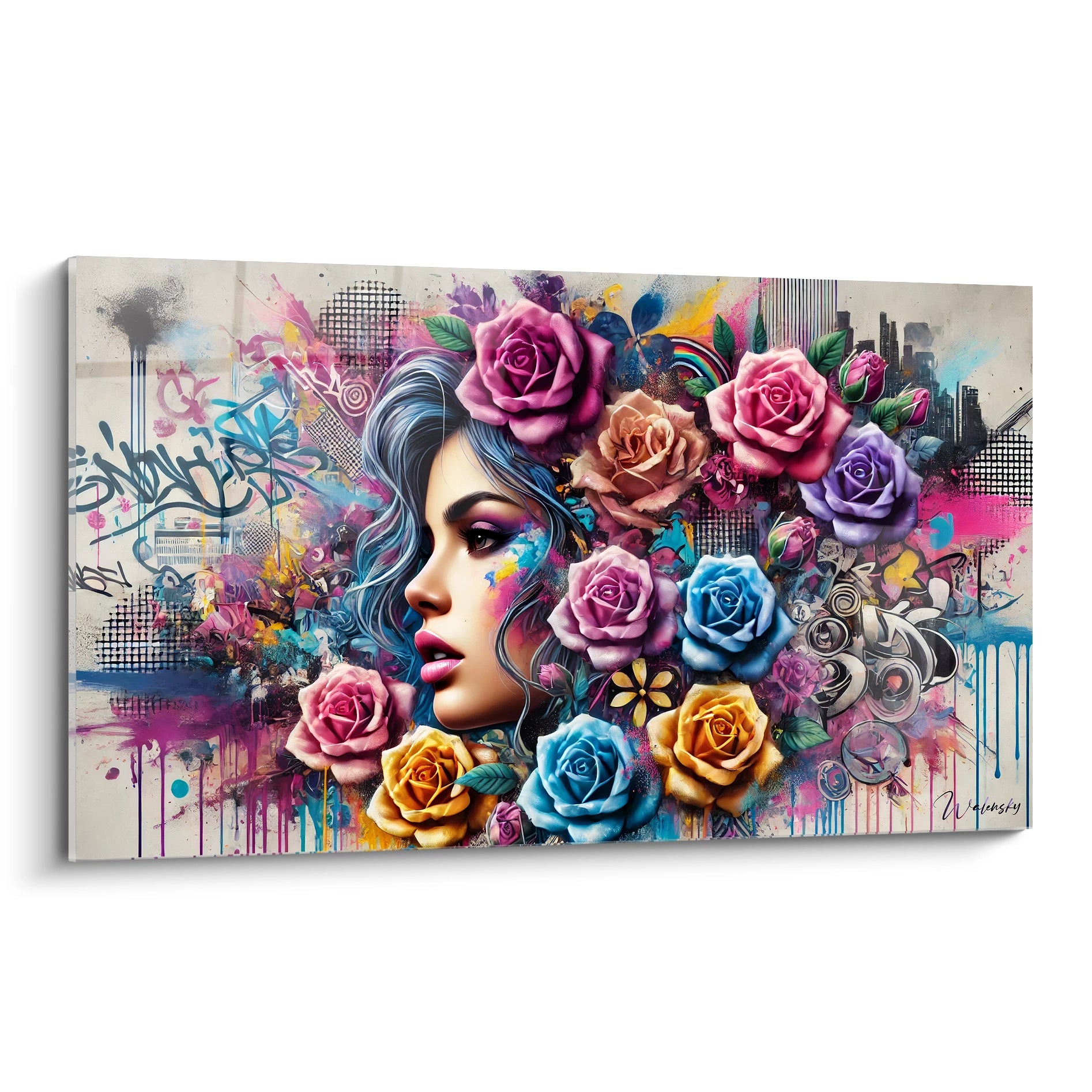 Ce tableau street art vu de biais revele la fusion unique entre graffiti urbain et fleurs delicates, parfait pour un interieur moderne et vibrant.

