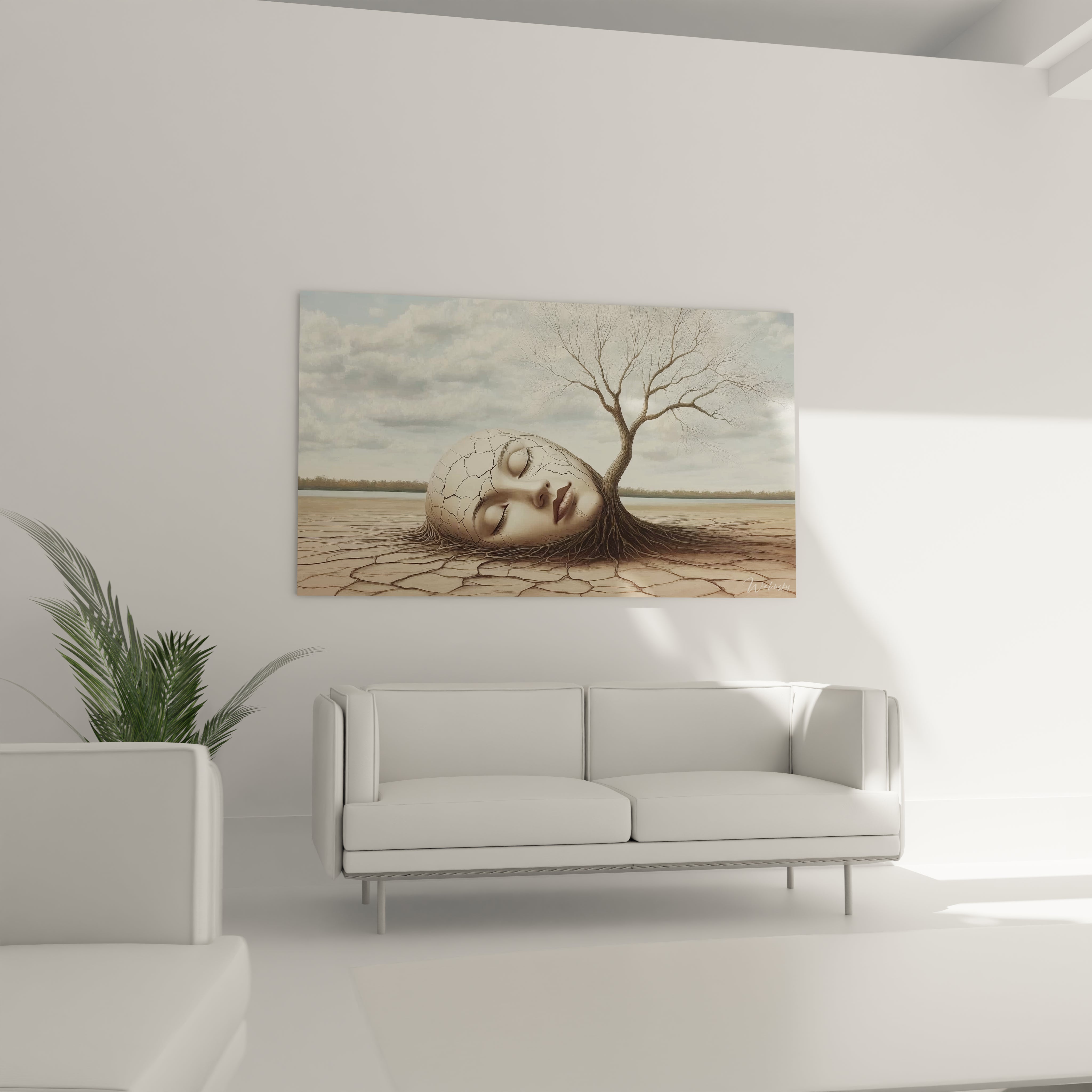 Détail rapproché d’un tableau surréalisme abstrait, mettant en avant un visage fissuré et des racines fusionnant avec un sol beige et marron.

