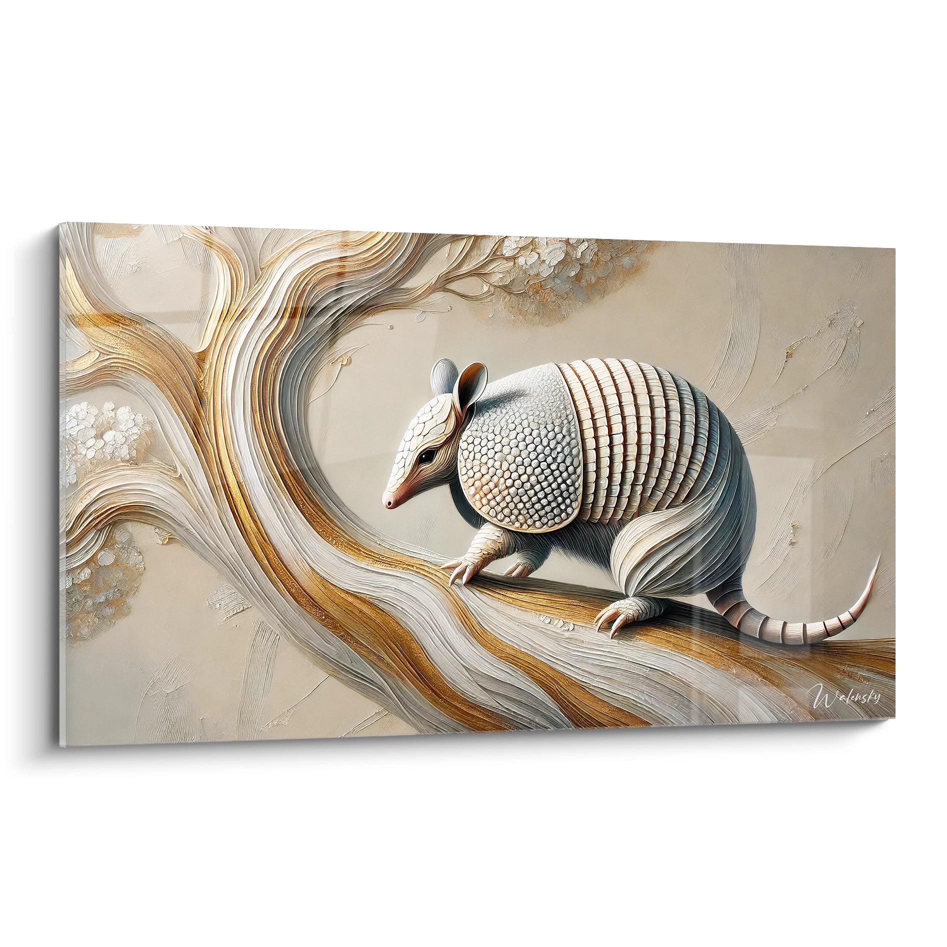 tableau tatou vu de biais capture l essense du tatou avec ses textures et courbes fluides dans un decor onirique. Les couleurs beige or et blanc creent une harmonie douce pour sublimer votre interieur

