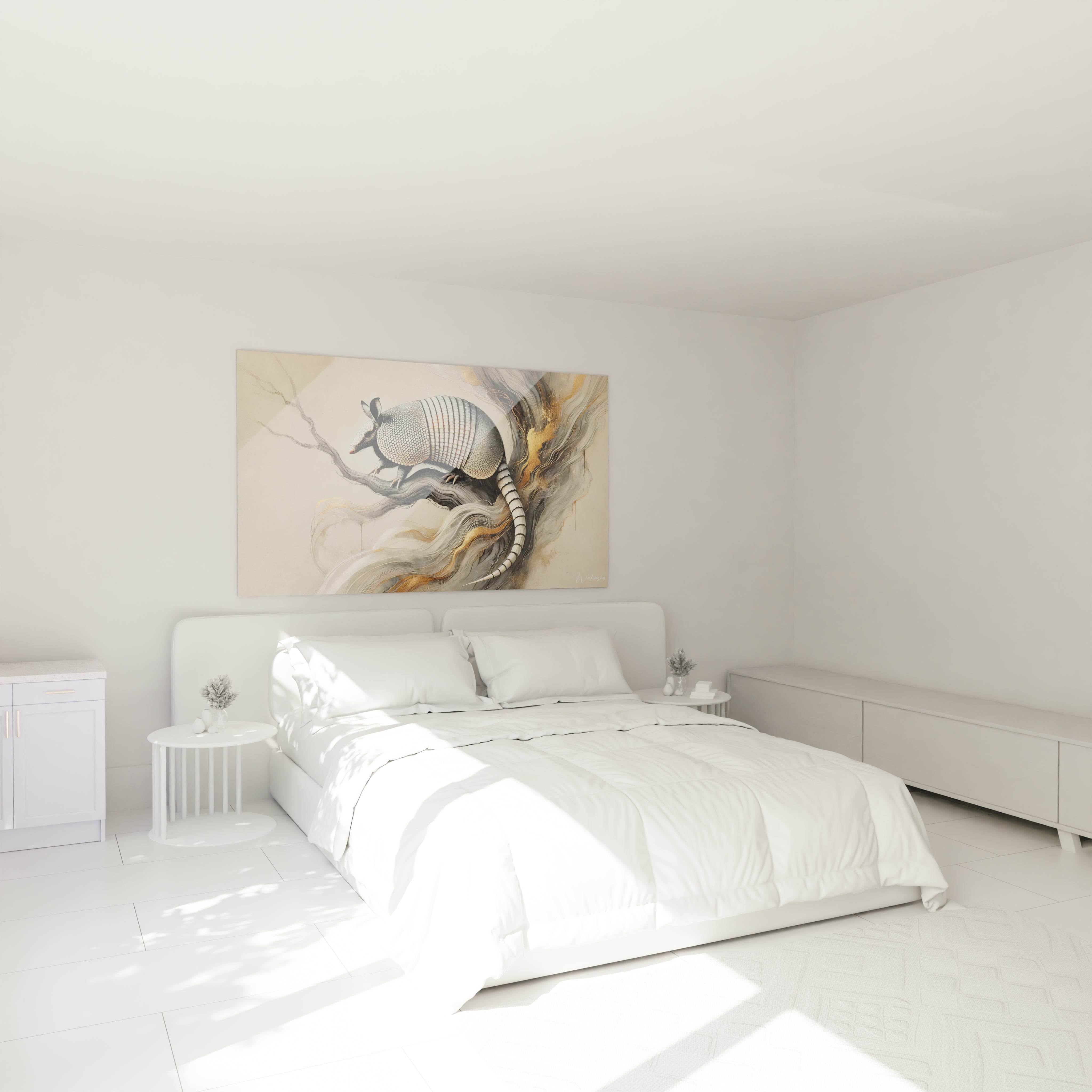 un tableau tatou parfait au-dessus du lit dans la chambre. Ses lignes fluides et ses touches dorees ajoutent une sensation de serenite tout en creant un contraste subtil avec le decor moderne

