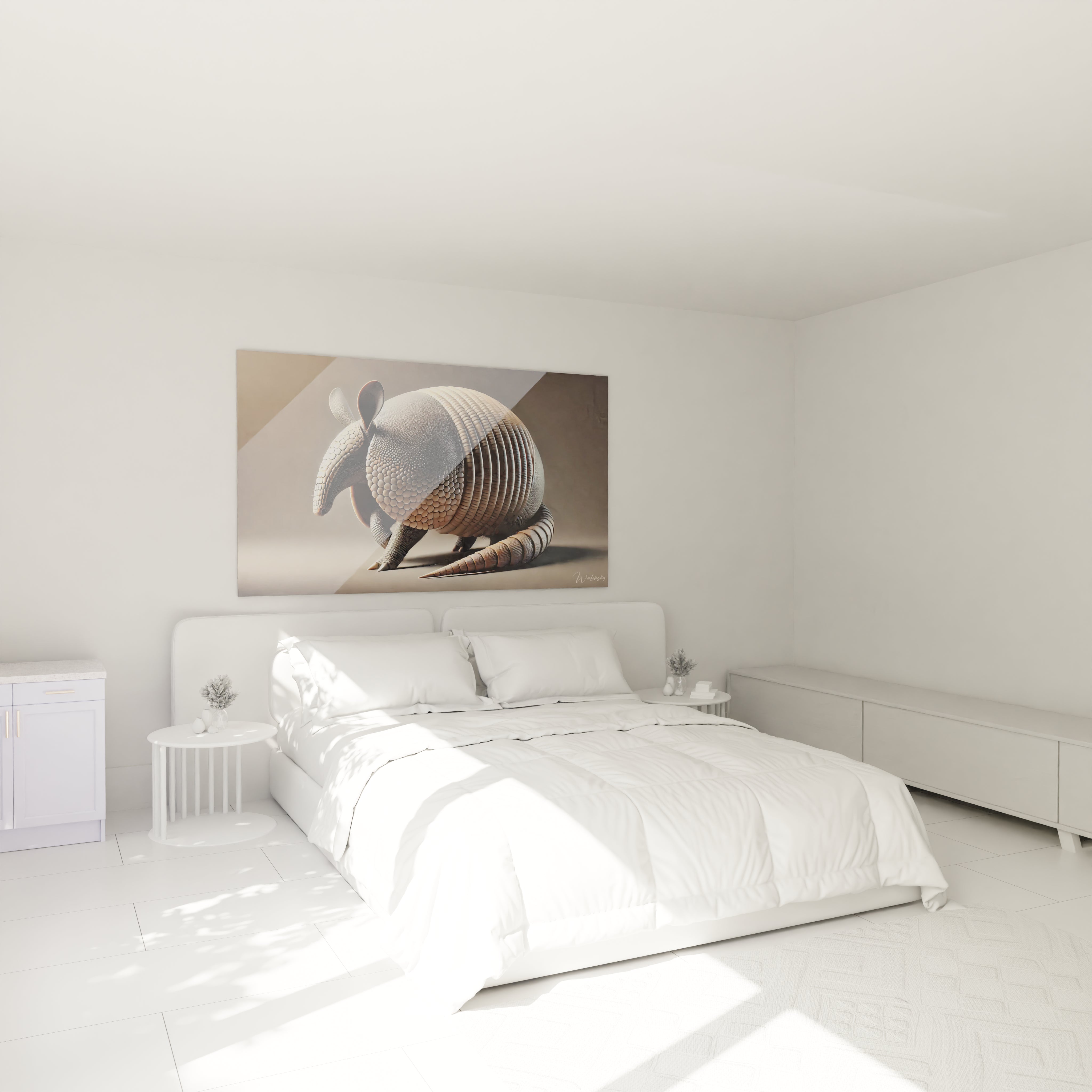 Dans une chambre, le tableau tatou au-dessus du lit cree une ambiance unique. Son design realiste et les tons terreux ajoutent une touche de serenite et de modernite.

