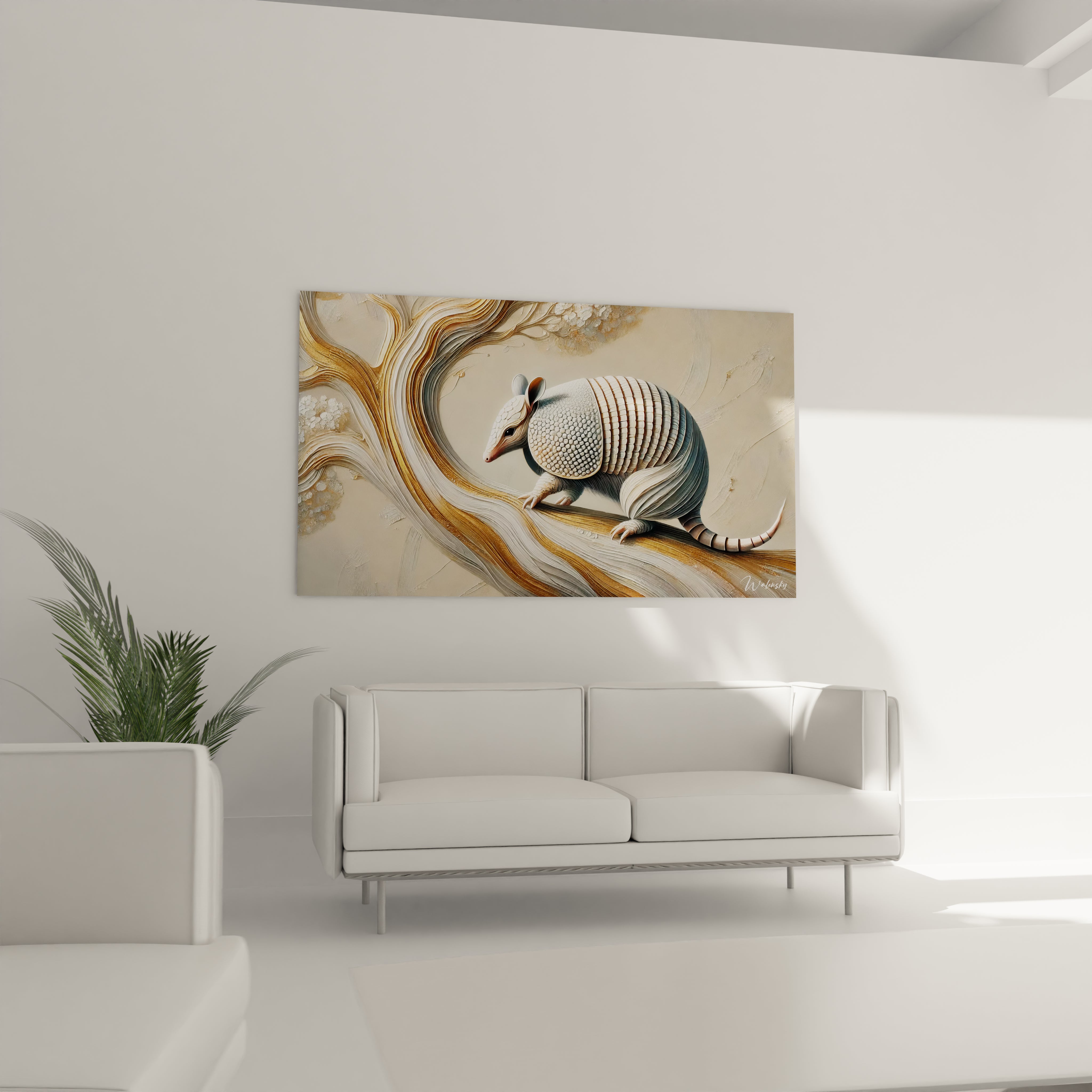 Dans un salon, le tableau tatou installe au dessus du canape invite a l introspection. Ses details hypnotiques et ses couleurs apaisantes beige or et blanc creent une ambiance chaleureuse et unique

