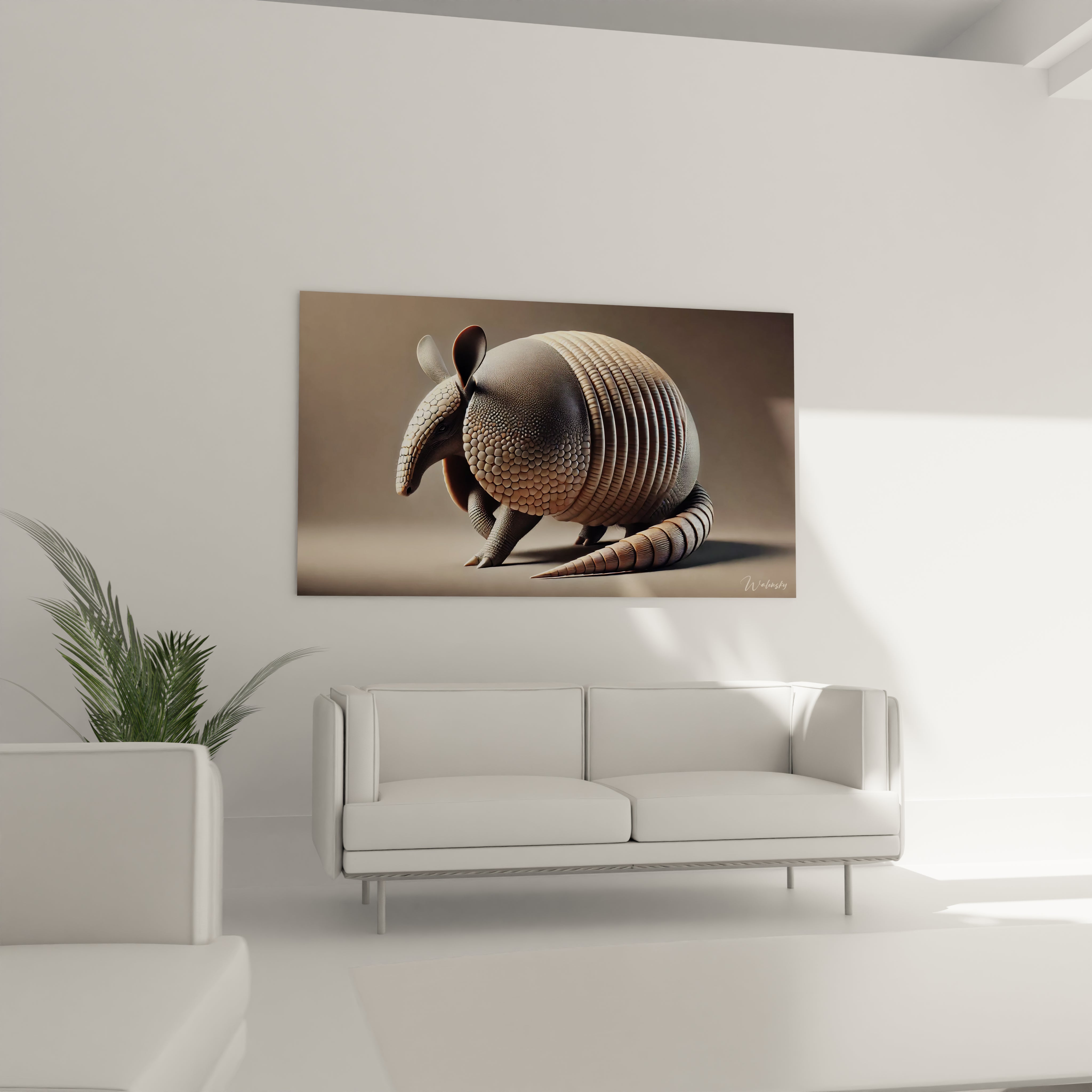 Dans un salon, le tableau tatou au-dessus du canape apporte une presence elegante. Ses couleurs neutres et son aspect hyperrealiste se marient parfaitement avec un decor apaisant.

