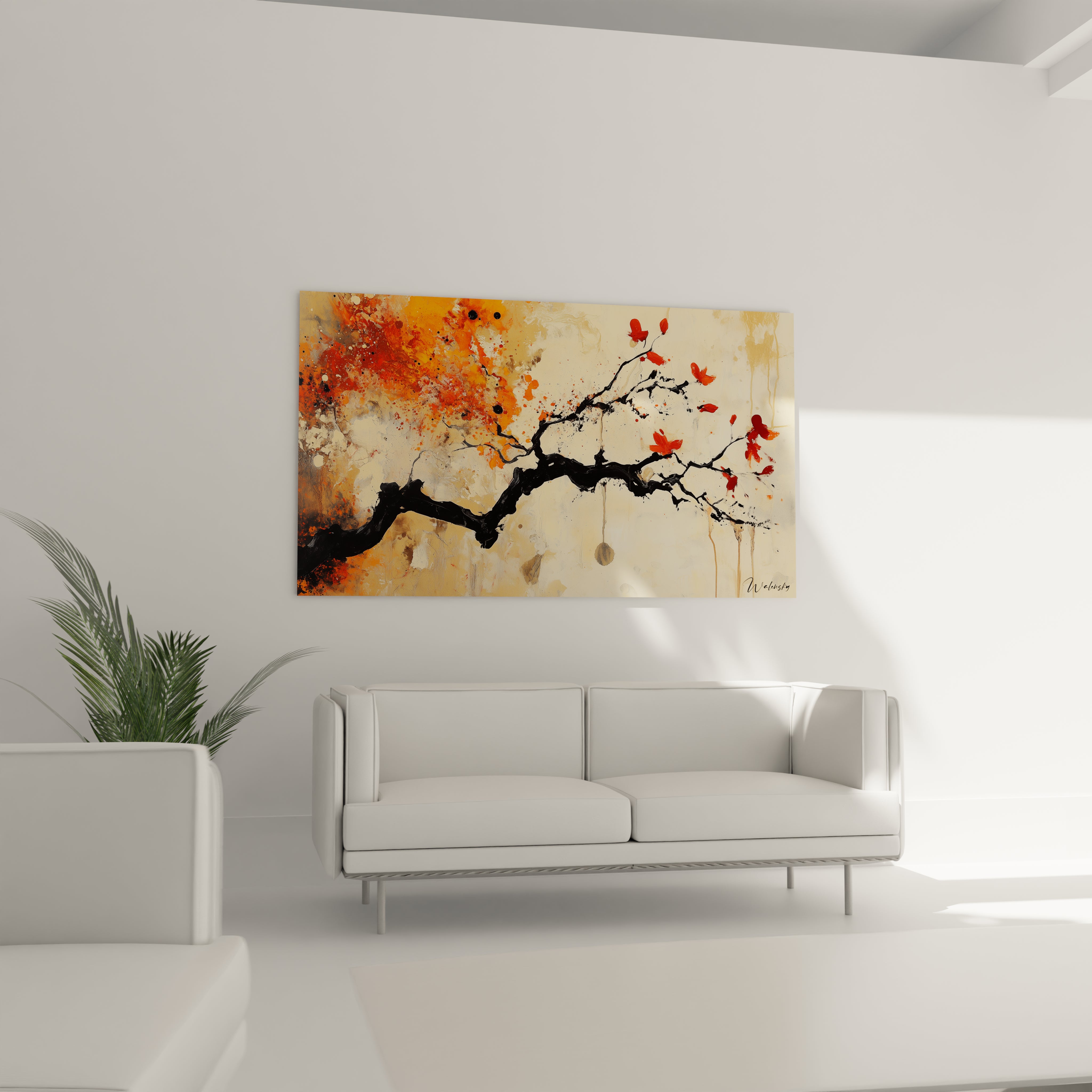 Un tableau terracotta nature mettant en avant des formes organiques, avec une branche noire centrale, des éclats de peinture rouge et orange, et un fond beige aux textures marquées et irrégulières.

