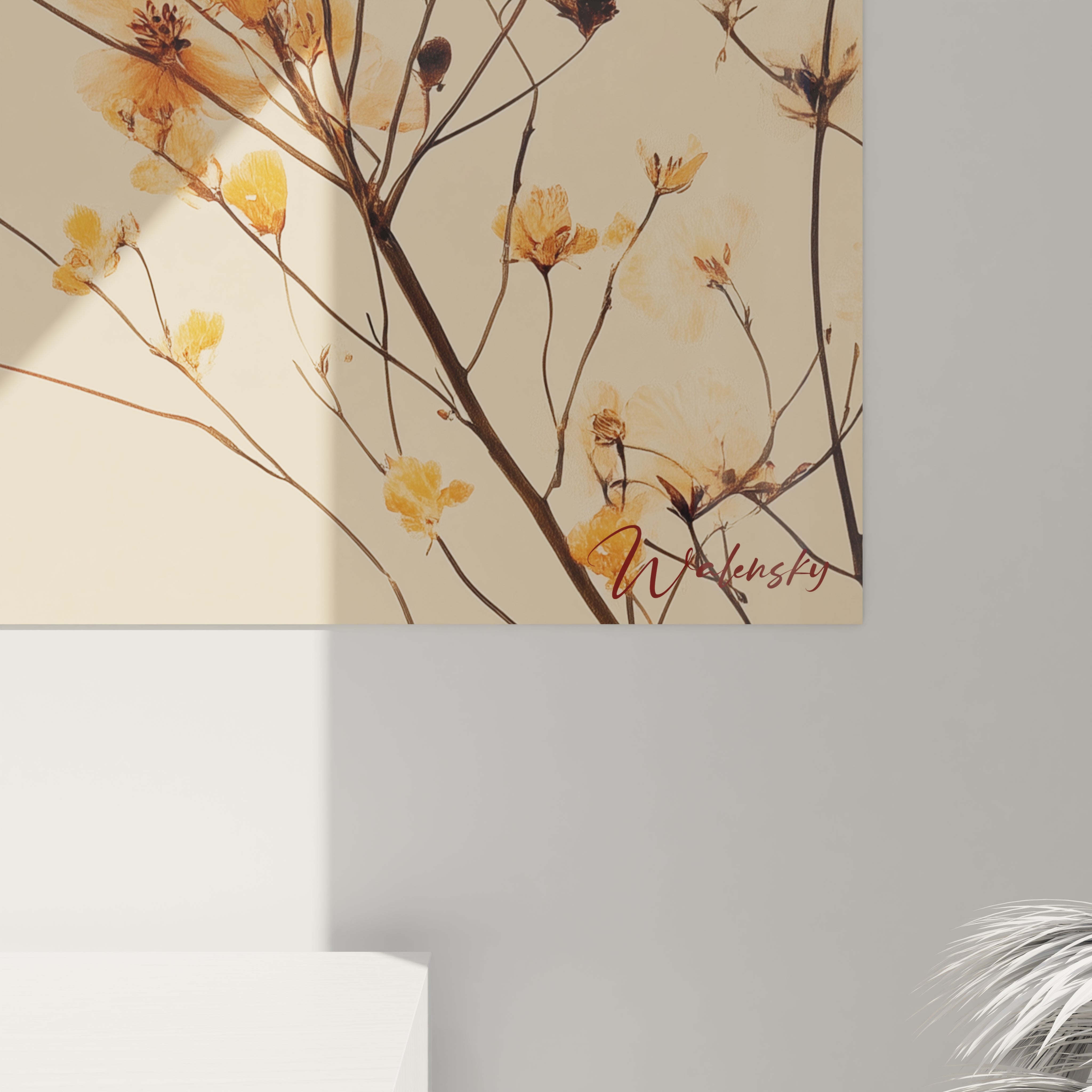 Ce tableau terracotta nature affiche des formes florales en orange et beige, sur des branches sombres, avec une texture fluide et légère, et un fond doux qui crée un effet visuel harmonieux.






